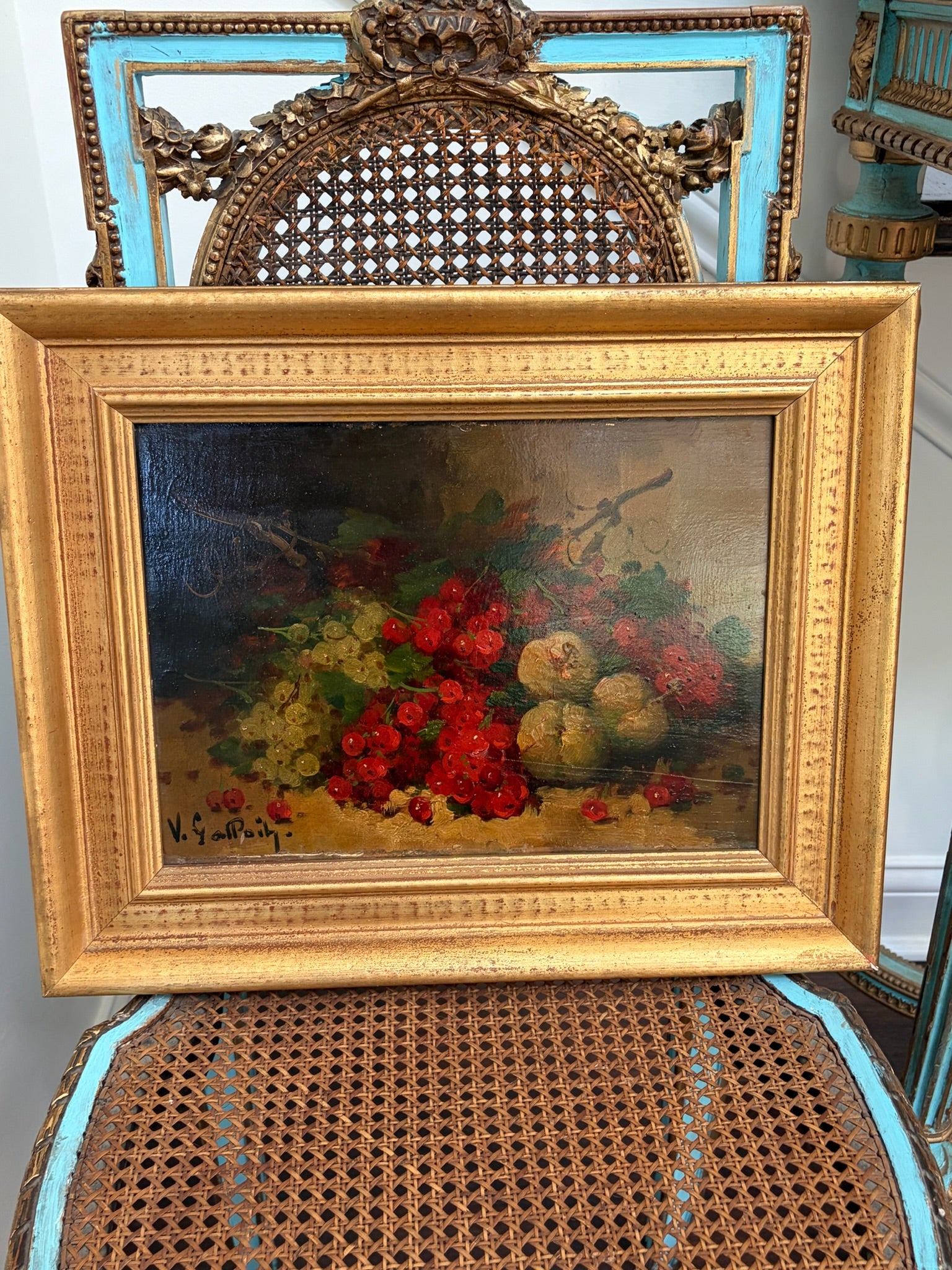 Antique 19th-Century French Still Life Painting, Signed V. Geoffroy