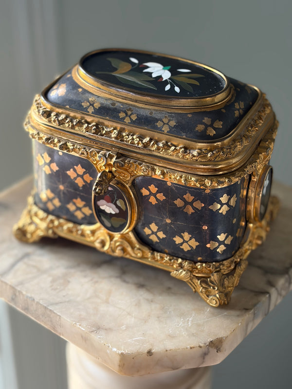 Antique Pietra Dura Box — Black Stone Inlay with Ormolu Mounts, 19th Century