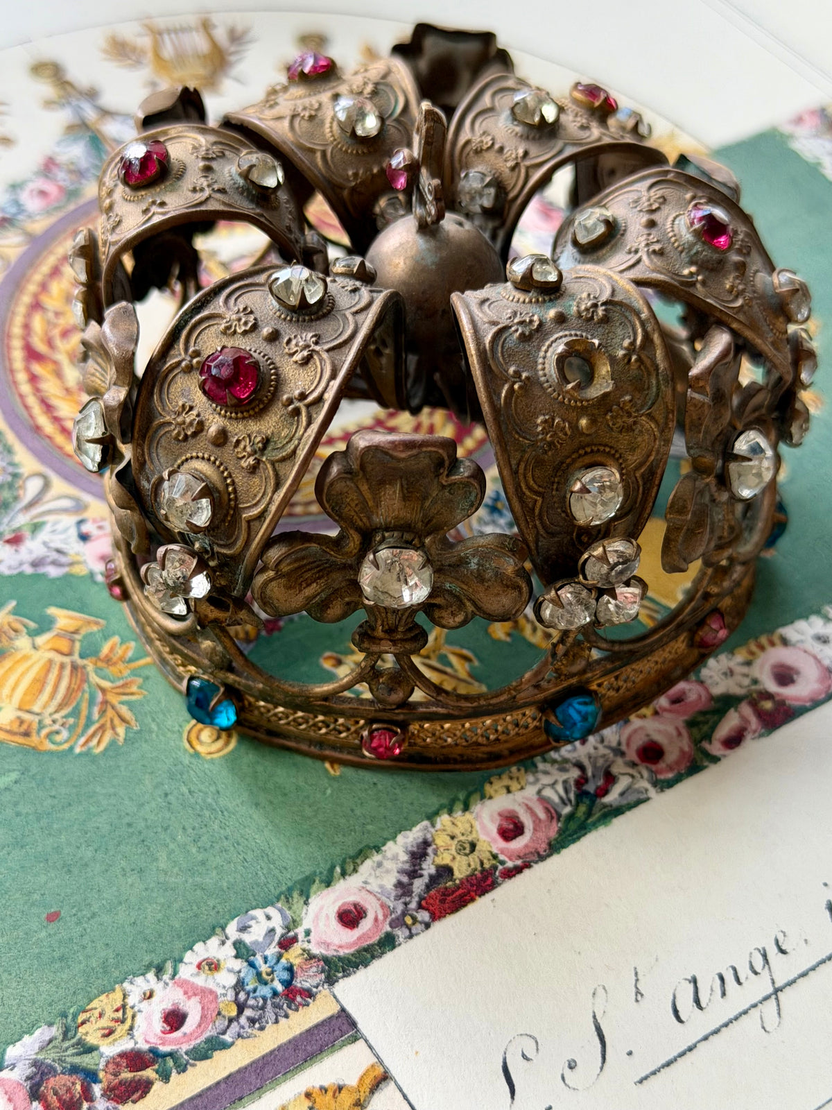 Antique French Santos Crown with Paste Stones, Orb and Cross, 19th Century