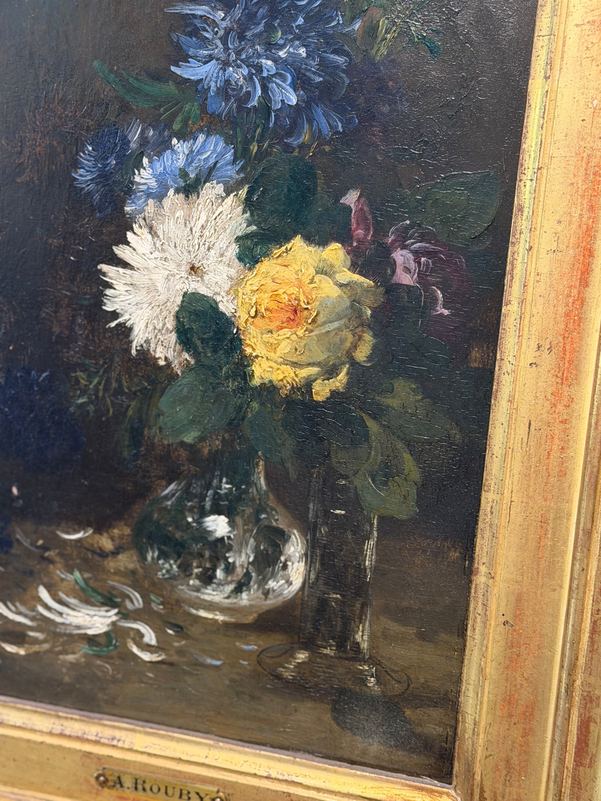 Antique French Floral Oil Painting on Board – Signed A. Rouby