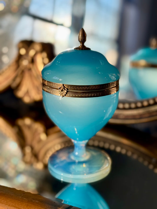 French Blue Opaline Glass Casket with Gilt Mount
