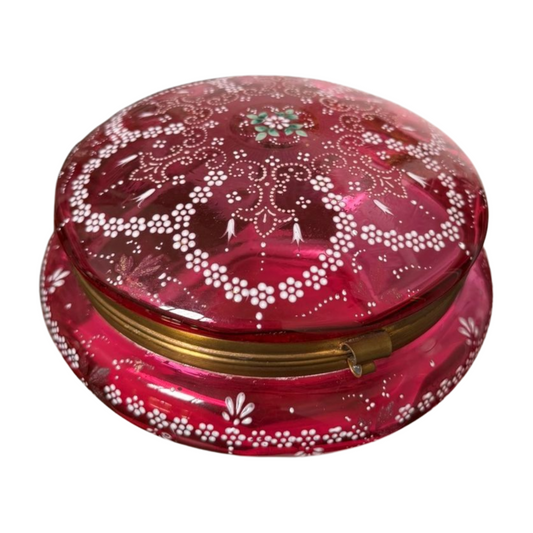 Antique Bohemian Ruby Glass Casket with White Enamel Floral Garlands