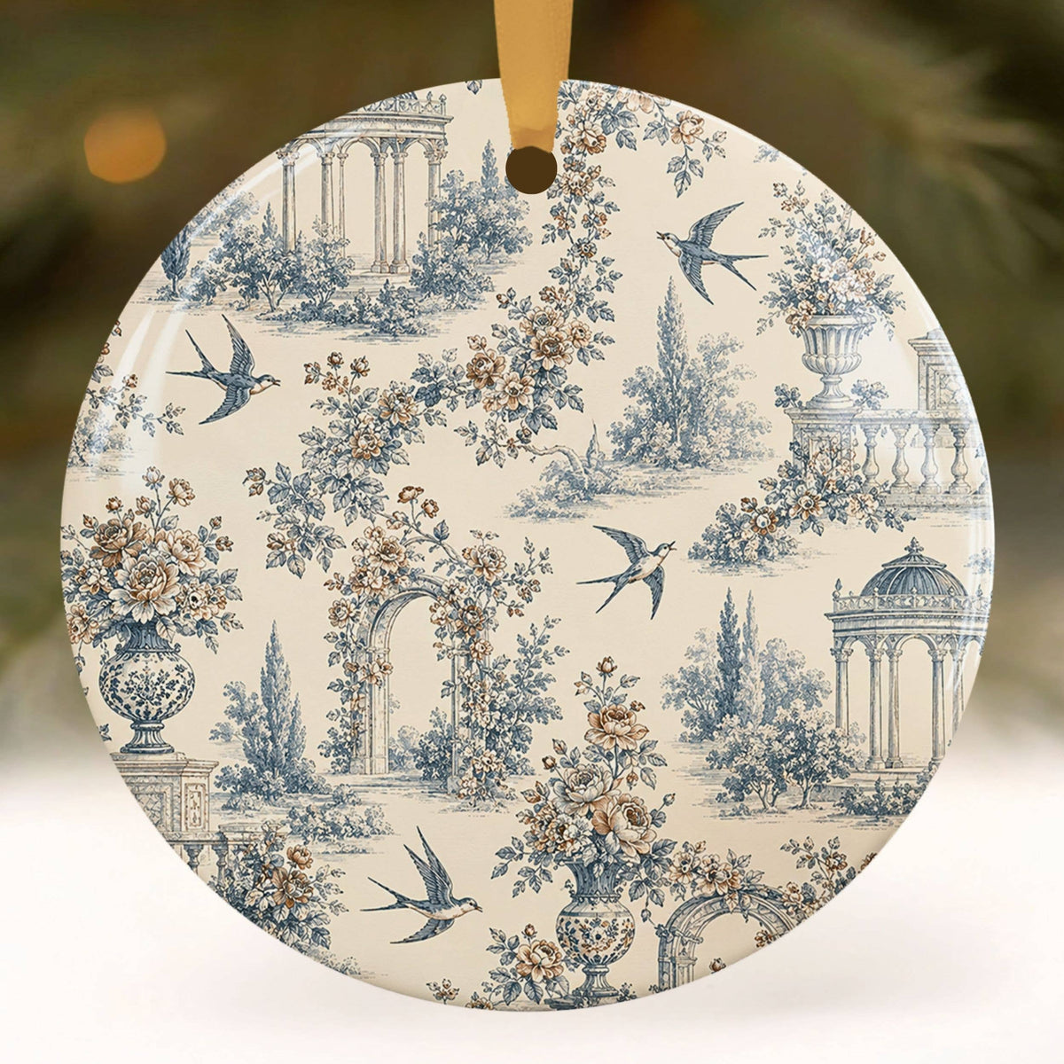 Blue Toile Christmas Ornament, Vintage Botanical Decor