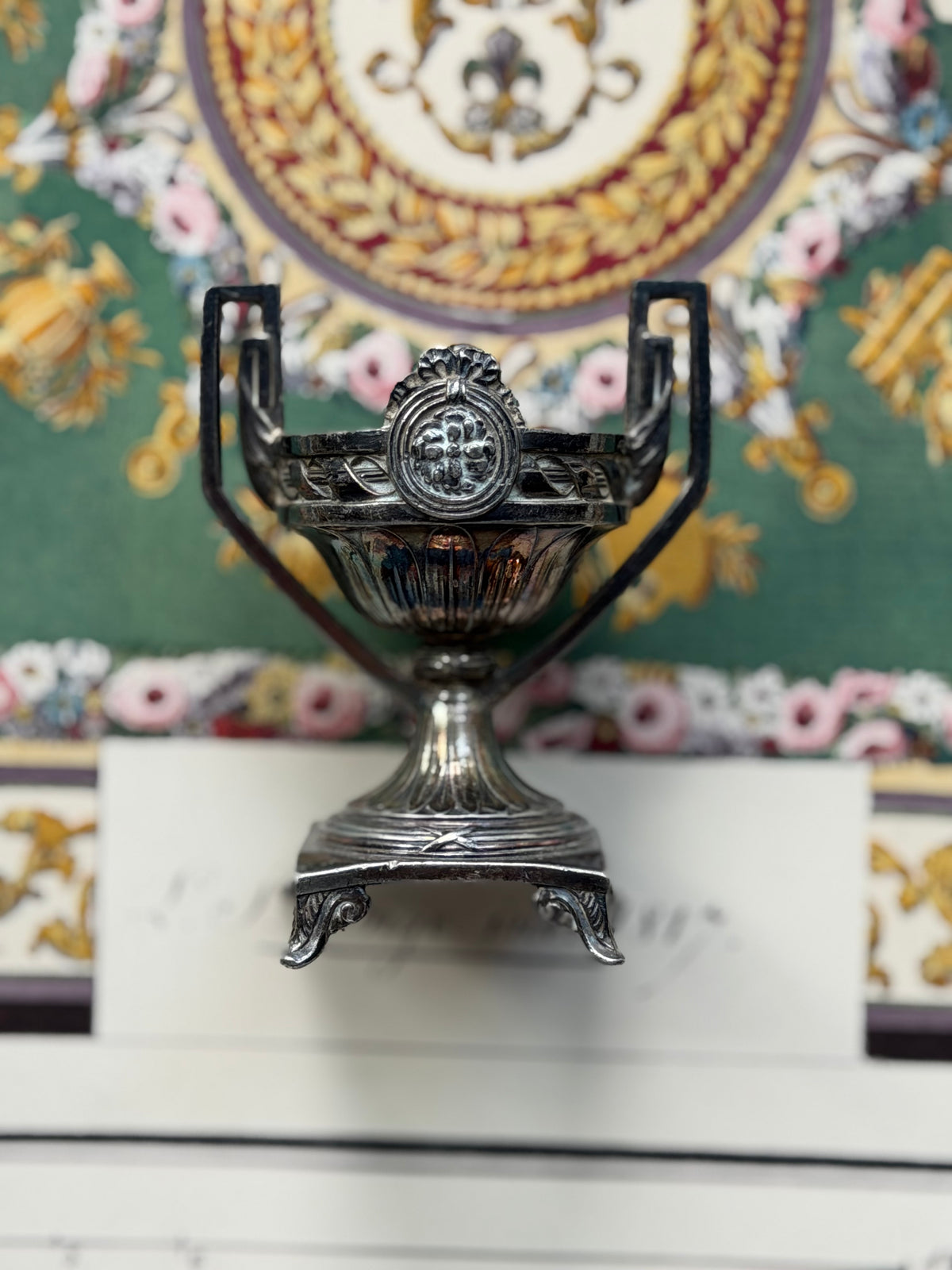 Antique French Silverplate Louis XVI Style Mini Trophy Urn with Greek Key Handles