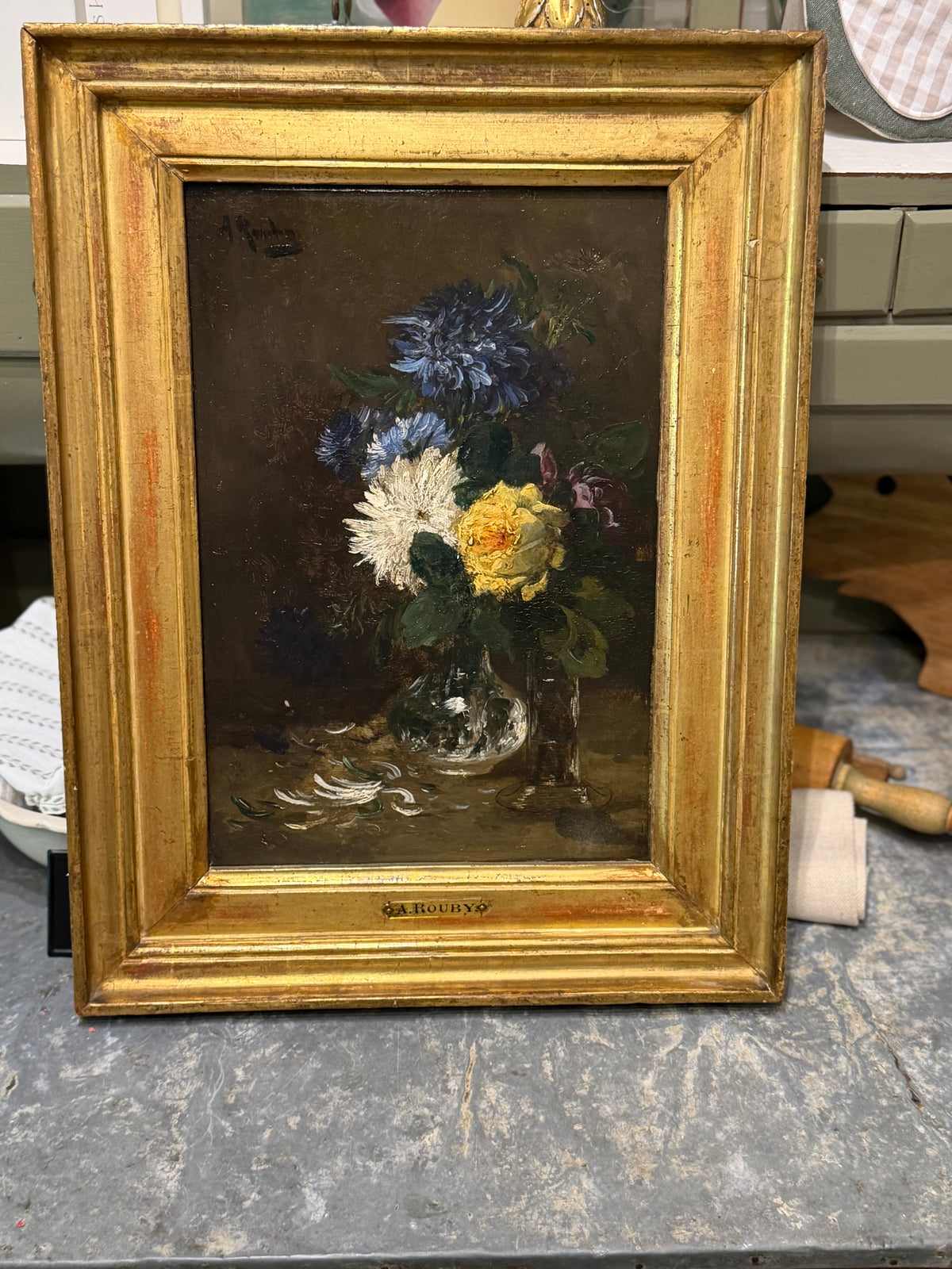 Antique French Floral Still Life Oil on Board, Signed A. Rouby, in Giltwood Frame