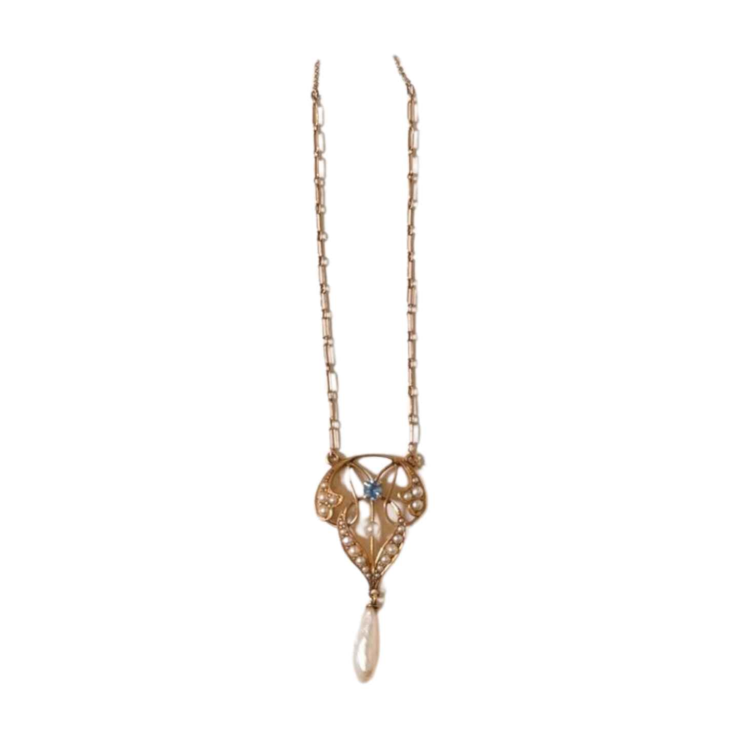 Edwardian 14K Gold Pendant Necklace with Seed Pearls, Blue Topaz & Mother-of-Pearl Pendant
