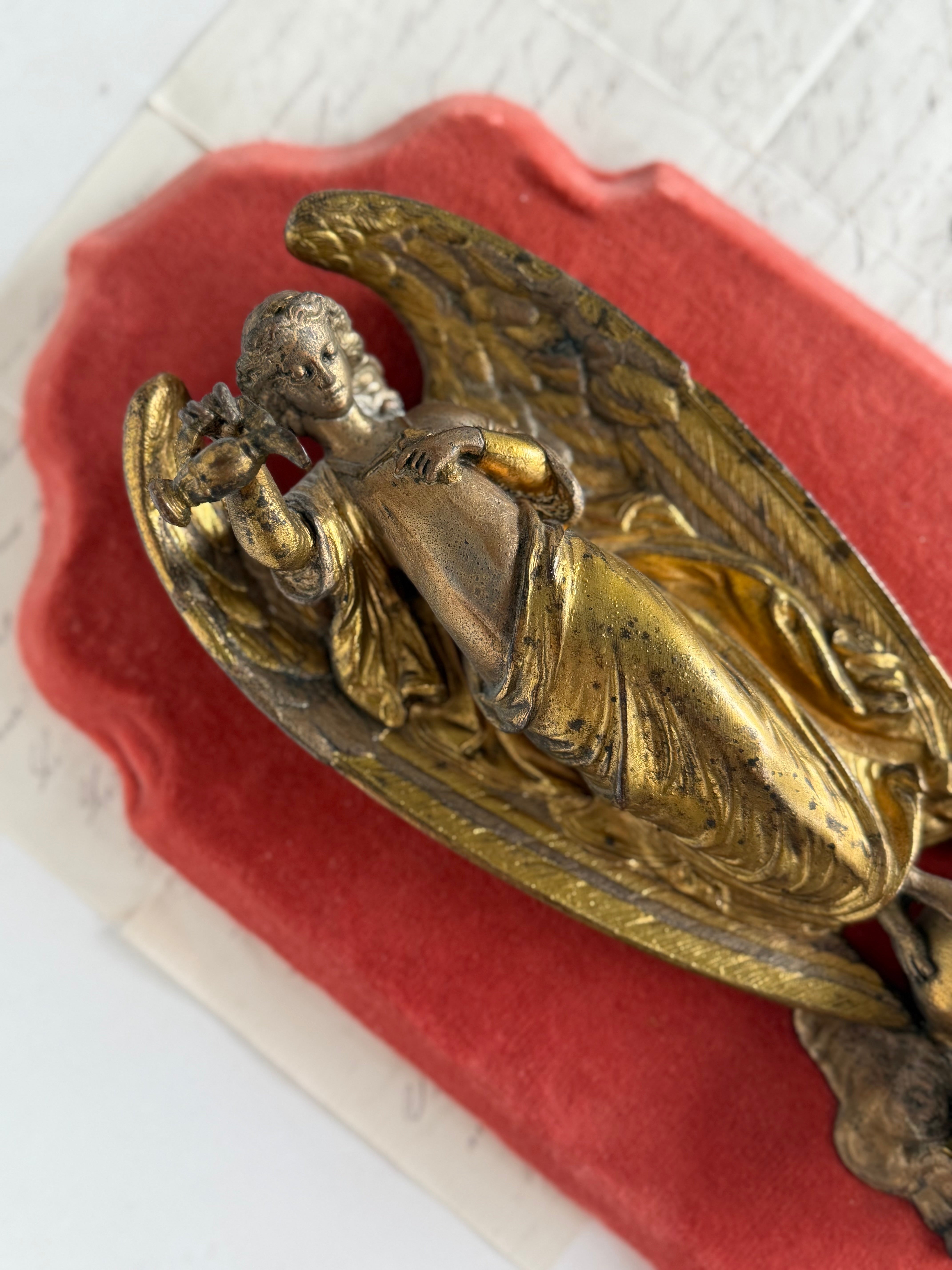 Antique French Gilt Bronze Angel Bénitier on Velvet Mount