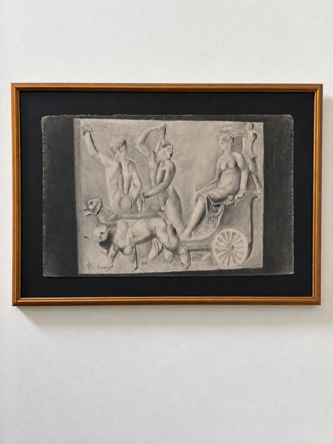 Antique French Academic Charcoal Drawing — Mythological Chariot Procession, Signed, Mid-19th Century, Custom Framed