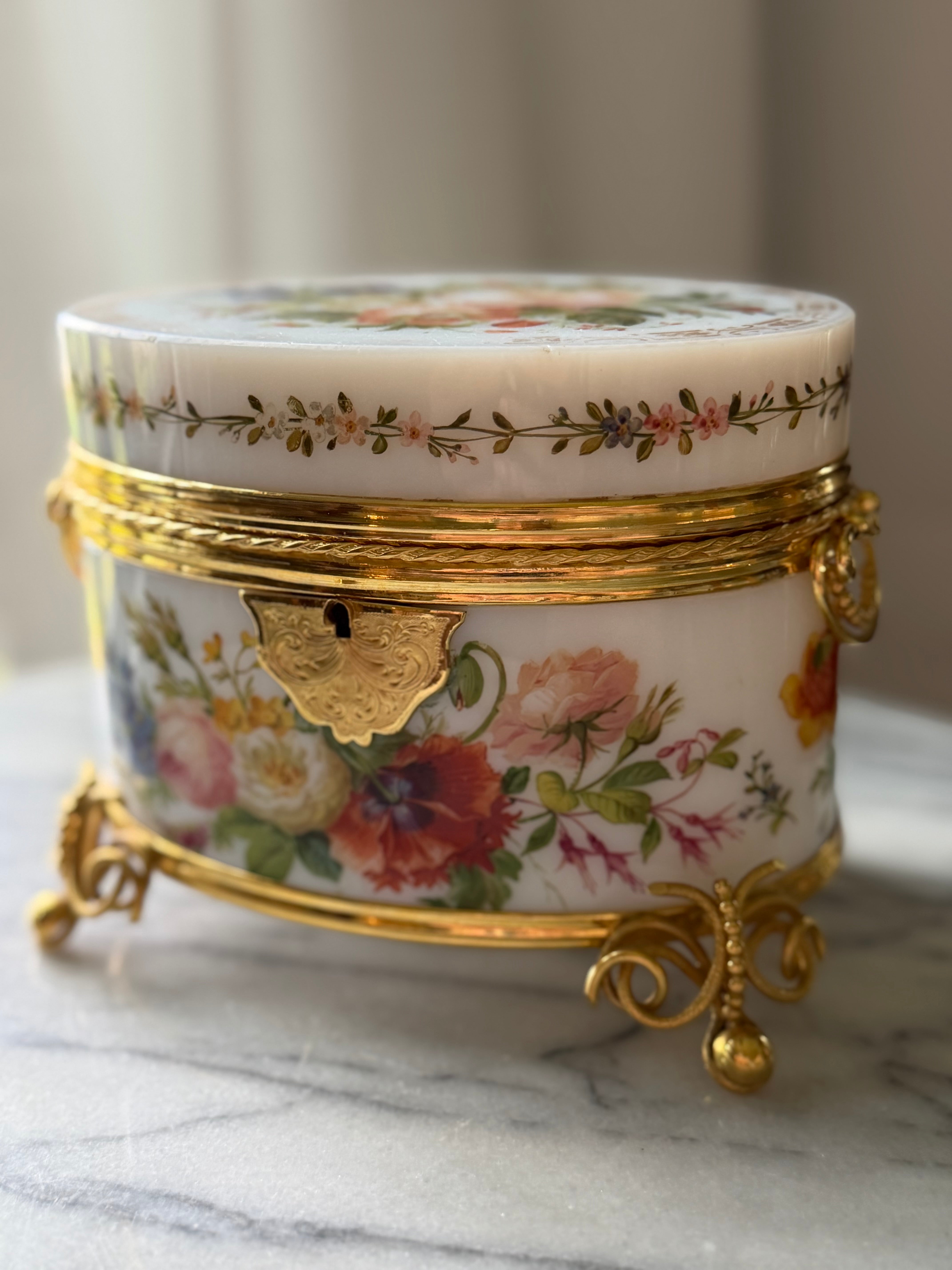 Antique French Opaline Floral Casket with Gilt Bronze Mounts