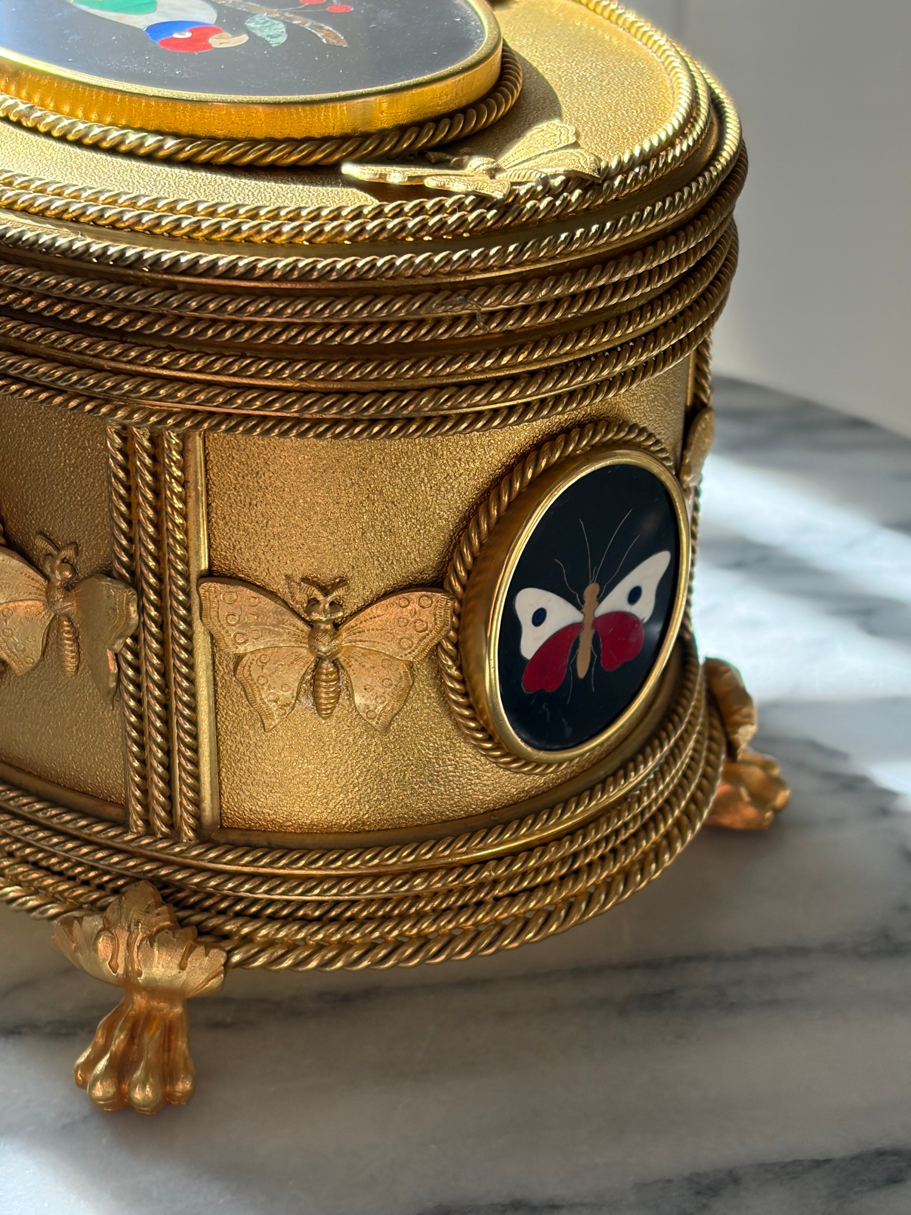 Antique Tahan Paris Pietra Dura & Bronze Jewelry Casket with Working Key