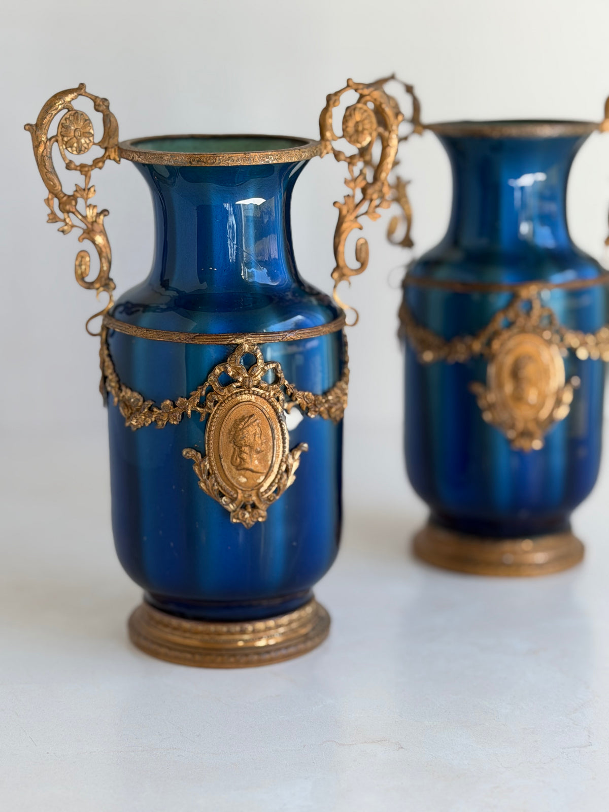 Pair of Antique French Blue Vases with Gilt Metal Mounts and Cameo Medallions