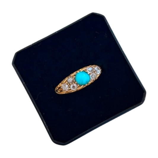 Antique 18 Carat Yellow Gold Turquoise and Diamond Ring