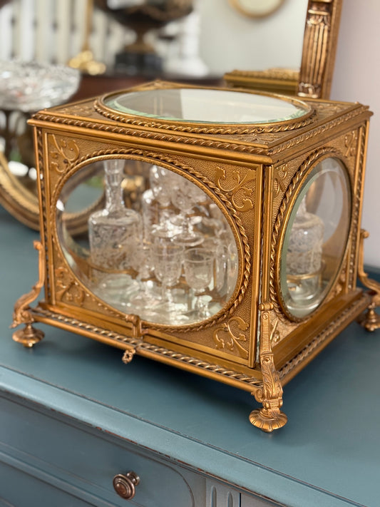 Antique French Gilt Bronze Cave à Liqueur with Etched Crystal