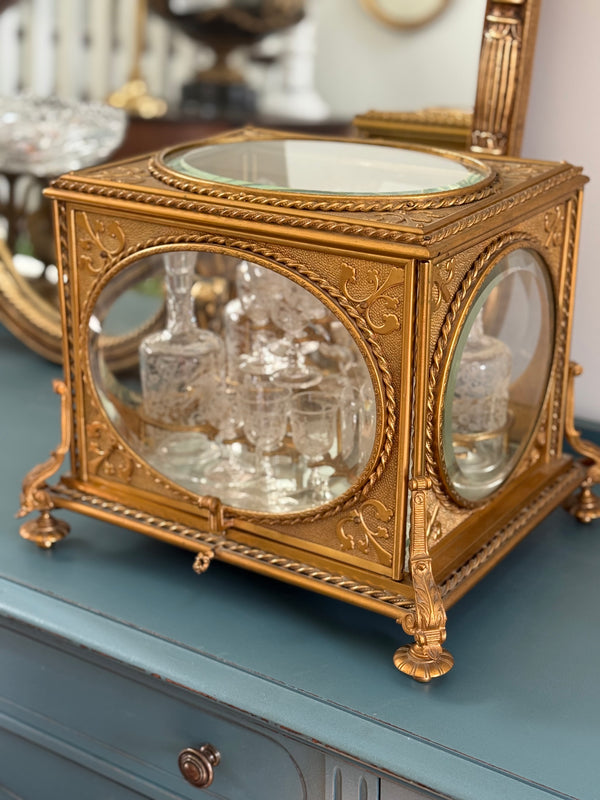 Antique French Gilt Bronze Cave à Liqueur with Etched Crystal