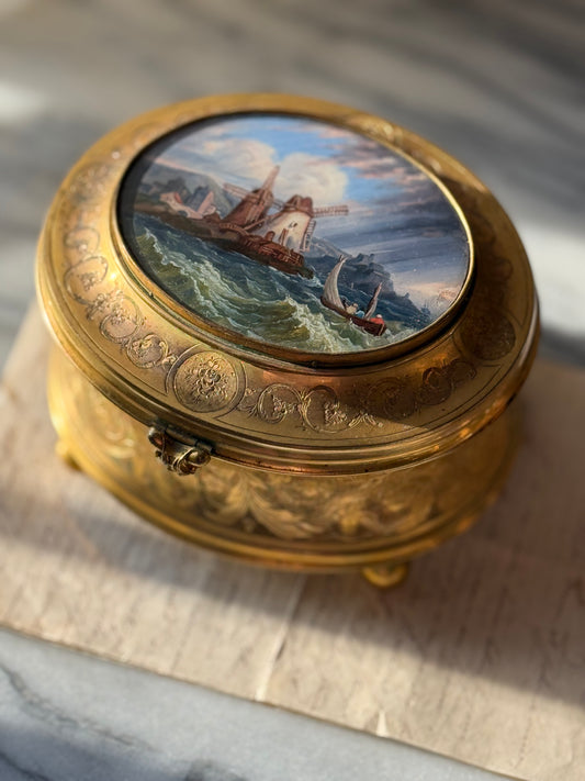19th Century French Gilt Bronze Box with Hand-Painted Lid