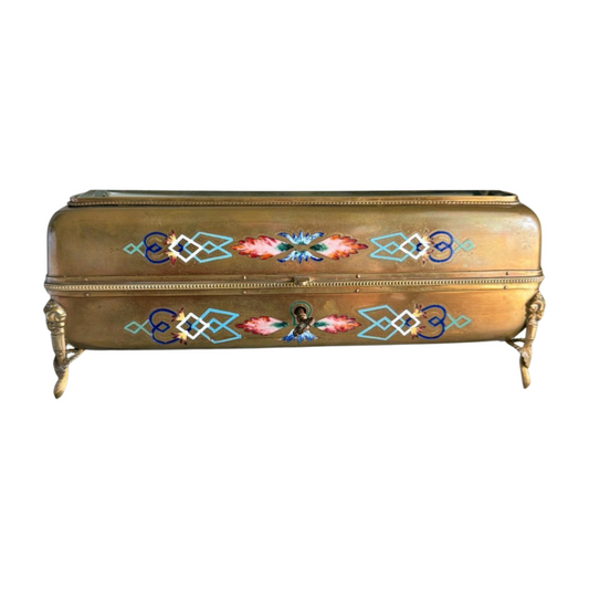 Antique French Gilt Bronze & Painted Enamel Jewelry Casket