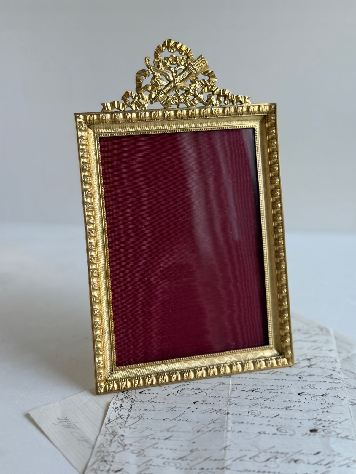 Antique French Bronze Picture Frame with Ribbon & Floral Crest