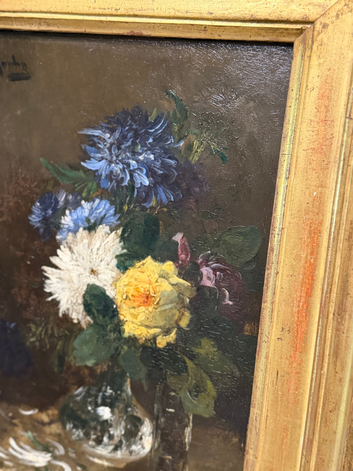 Antique French Floral Still Life Oil on Board, Signed A. Rouby, in Giltwood Frame