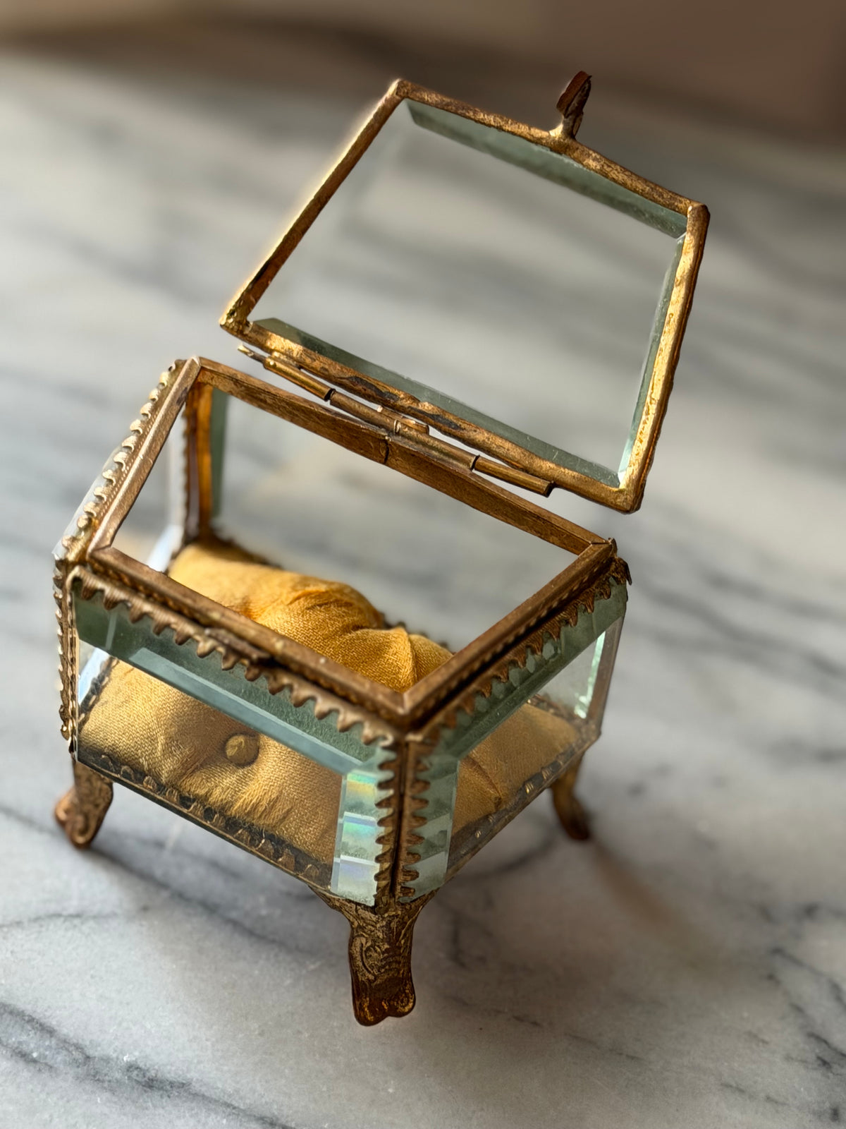 Antique French Beveled Glass Jewelry Casket with Gilt Brass Frame and Silk Cushion