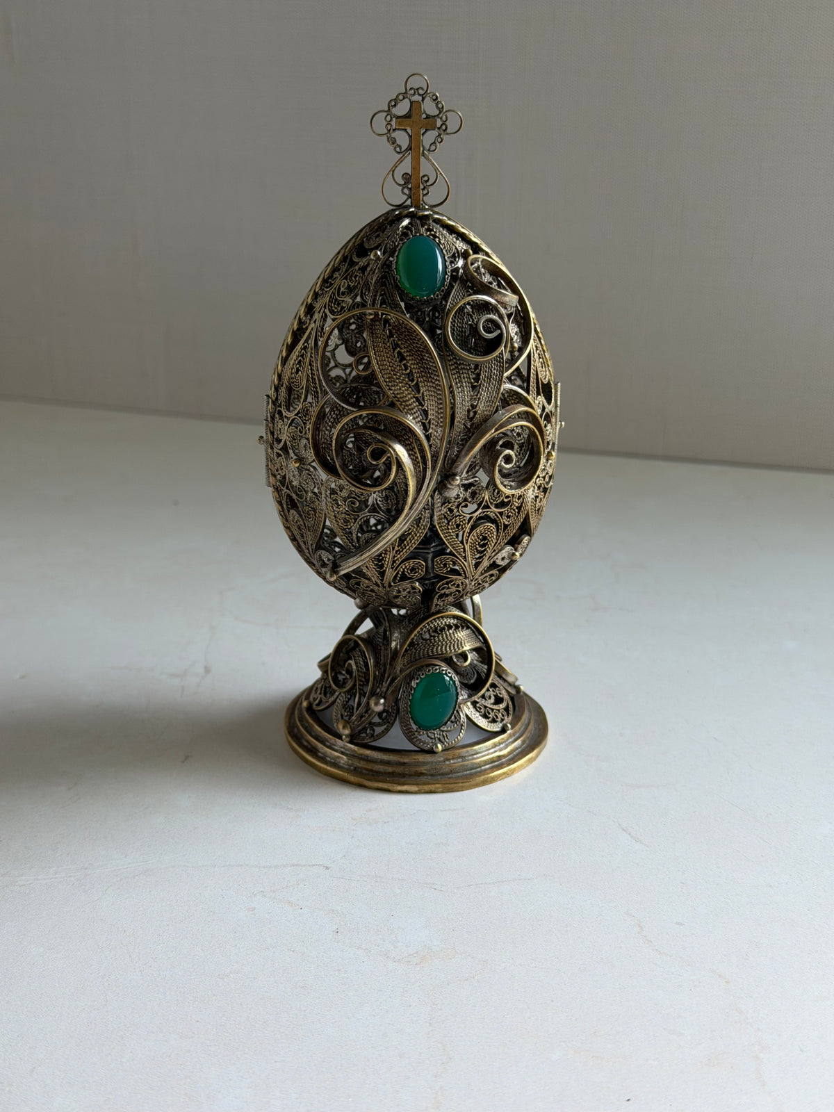 Antique Filigree Egg Shrine with Madonna and Green Cabochons