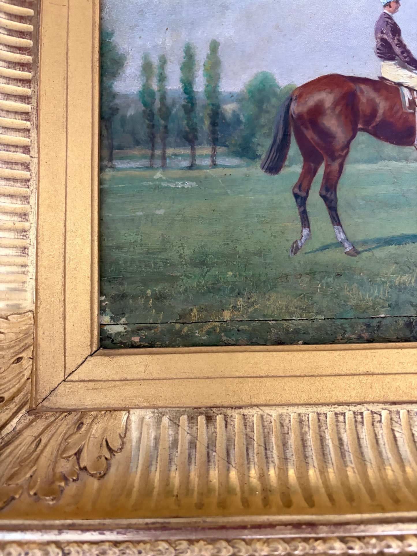 Late 19th Century French Sporting Oil on Panel — Two Jockeys at the Post, Original Giltwood Frame