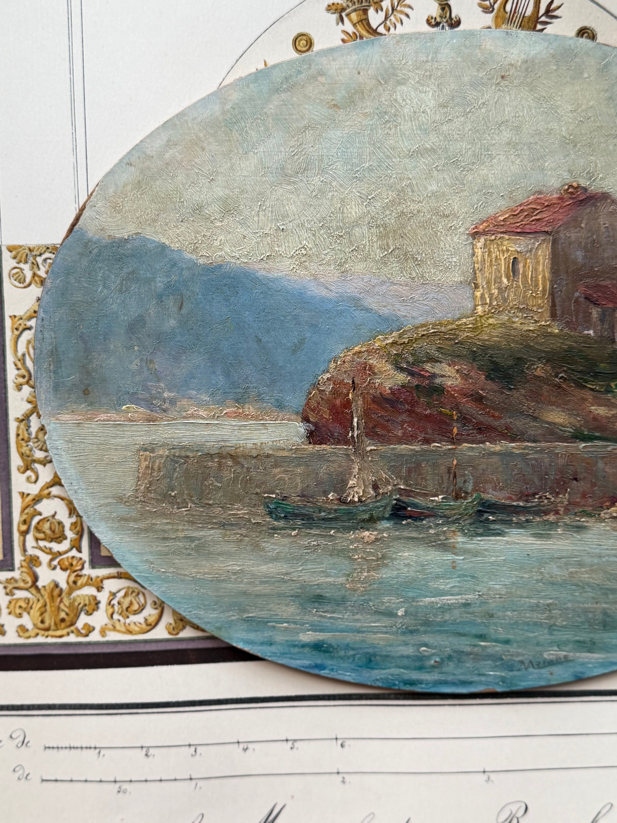 Antique French Oval Oil Painting on Board, Mediterranean Harbor, Signed Morano
