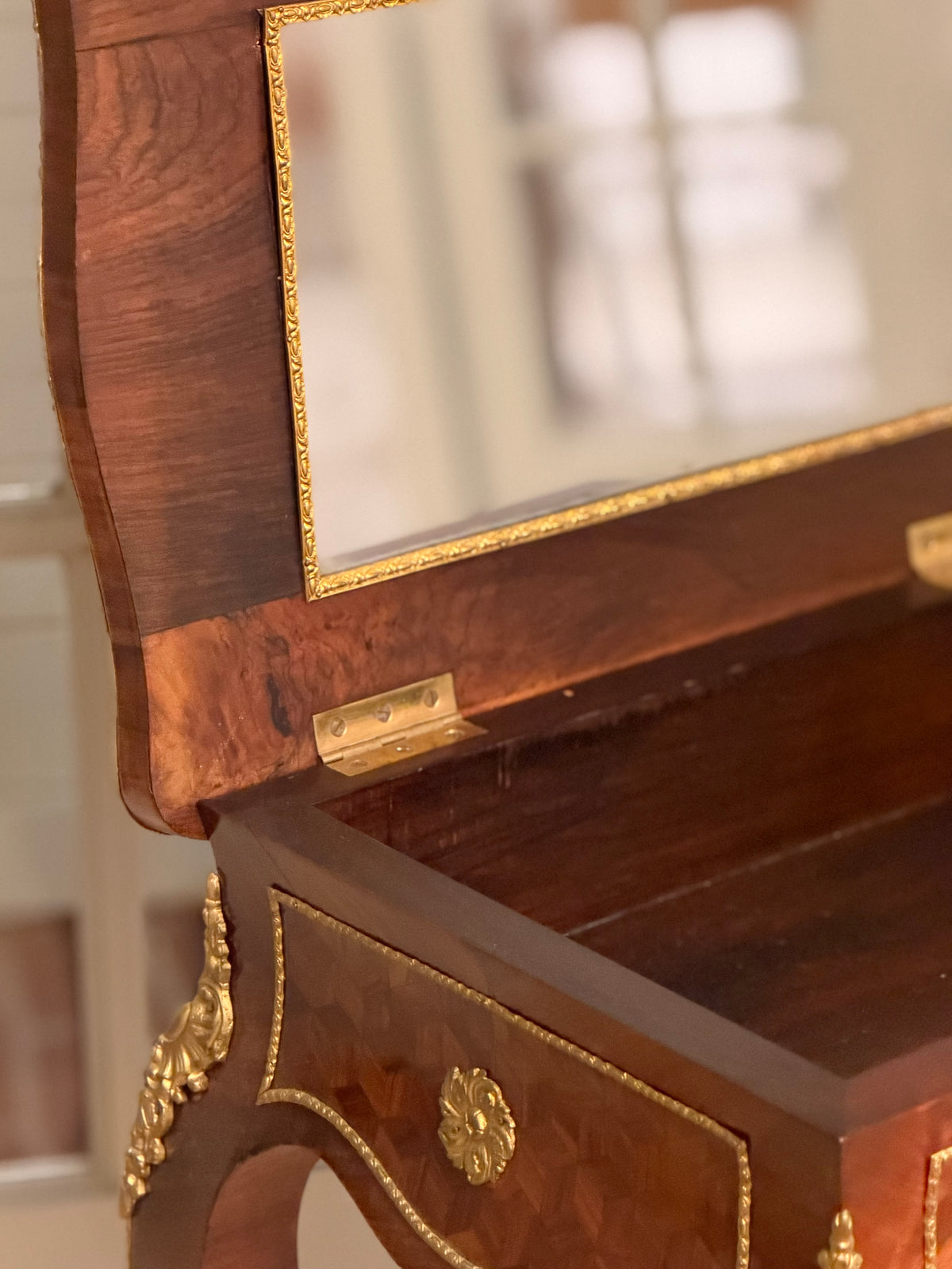 Antique French Kingwood Parquetry Dressing Table with Concealed Mirror | Circa 1870