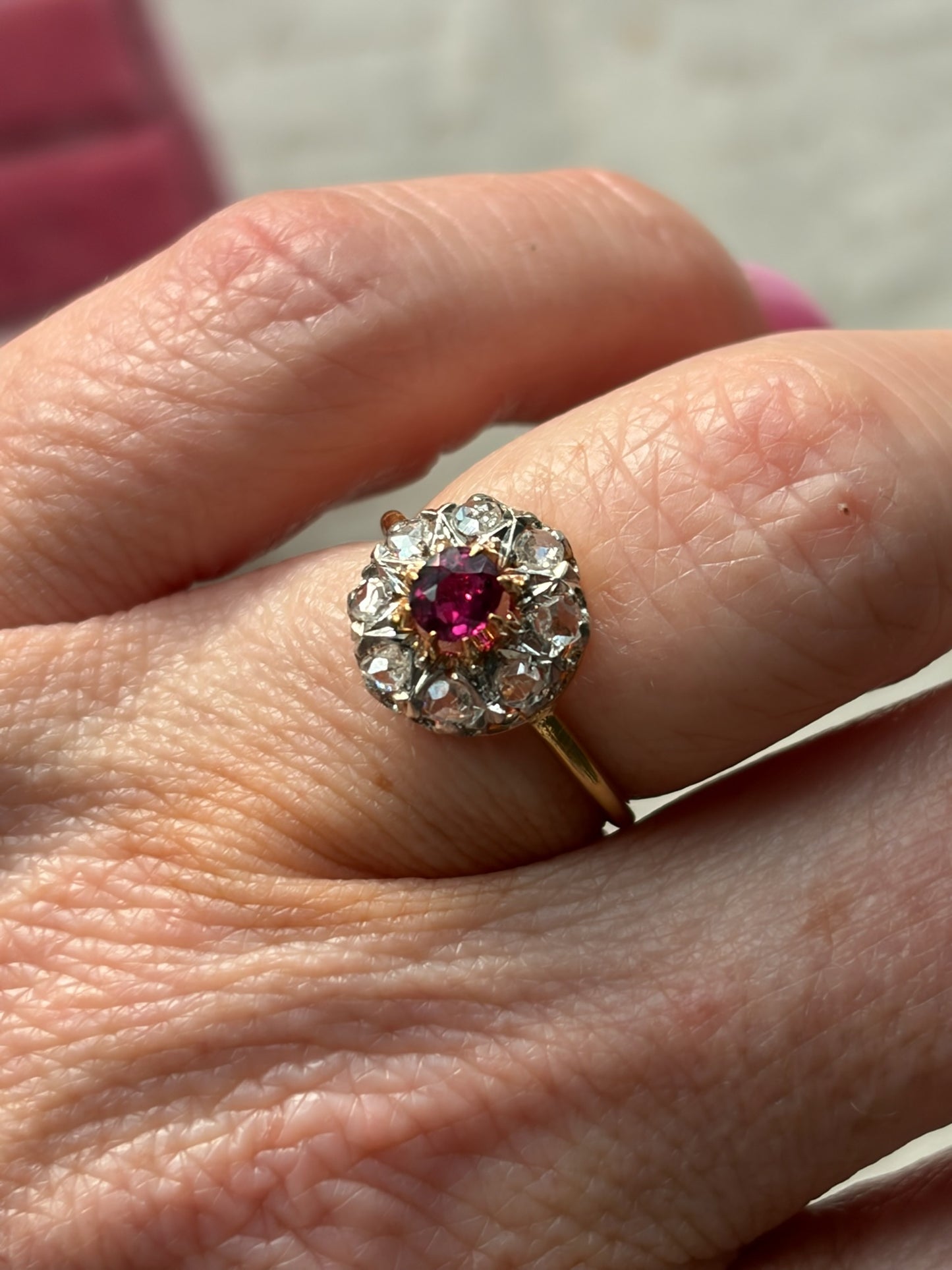Vintage Ruby & Diamond Halo Ring in 18ct Gold & Platinum