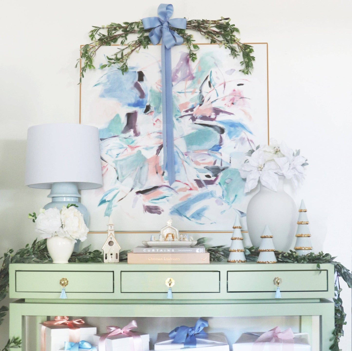 Hydrangea Blue Tiered Christmas Trees with 22K Gold Brushstroke Accent: Large