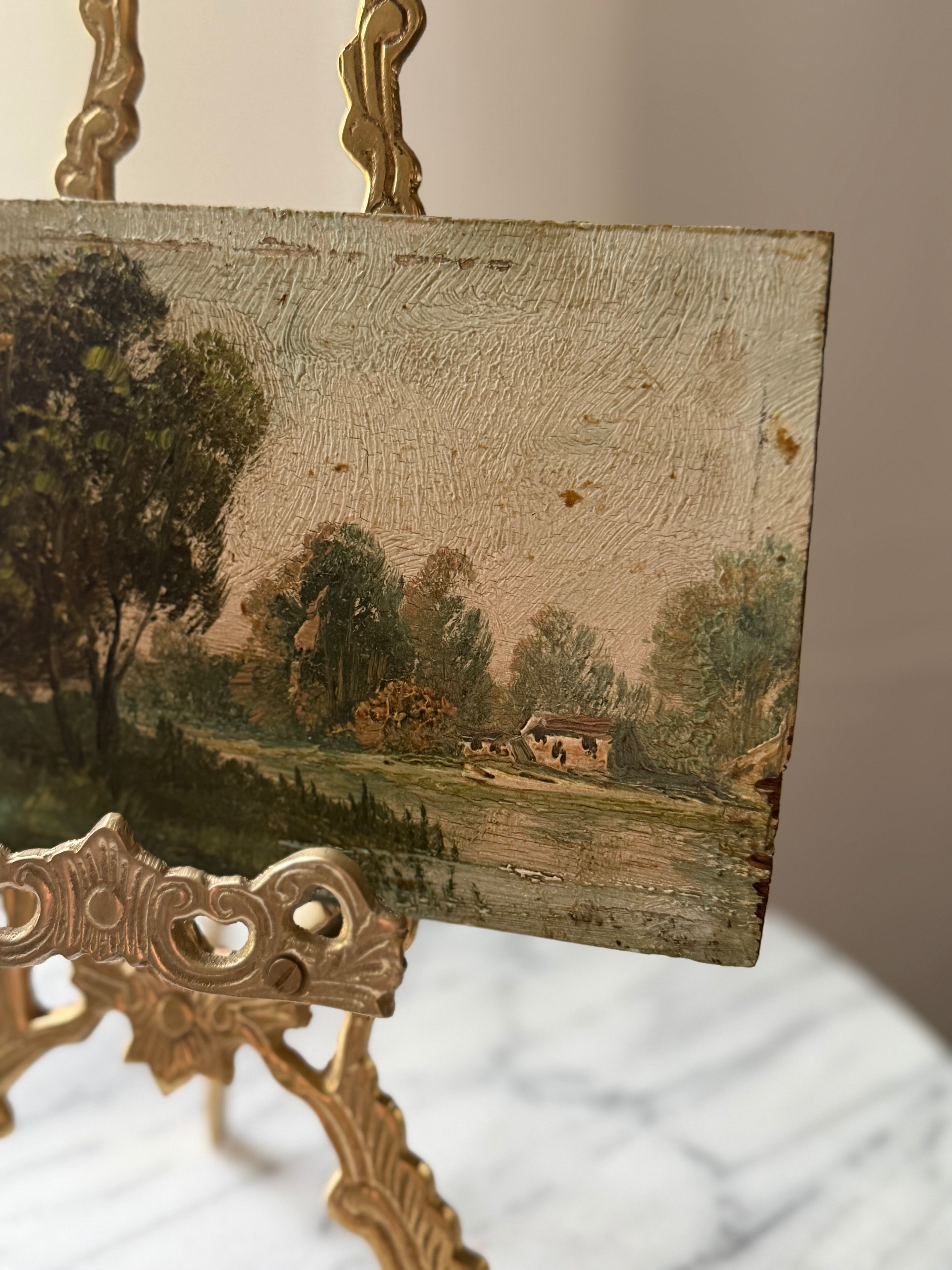 Antique French Landscape Oil Painting on Board
