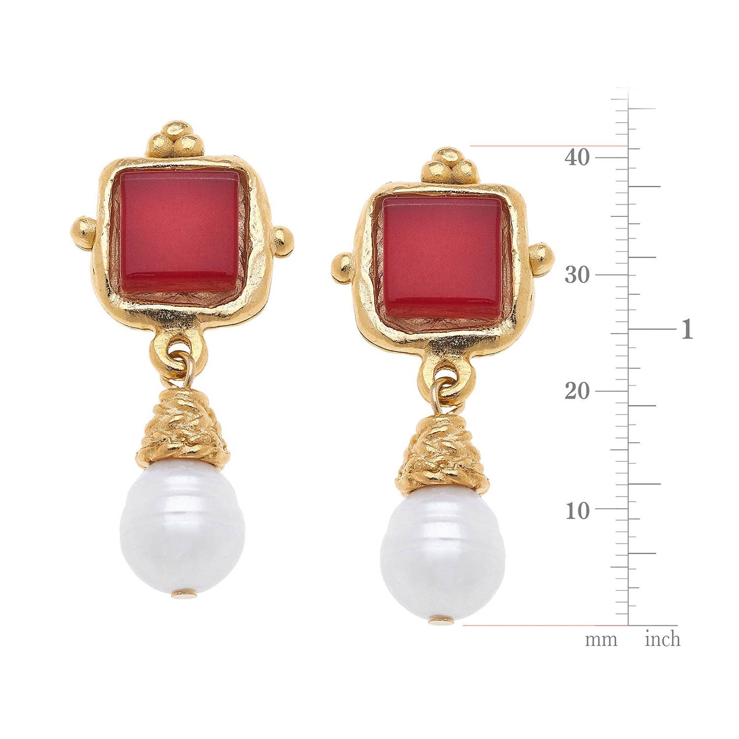 Charlotte Red French Glass + Pearl Drop Earrings