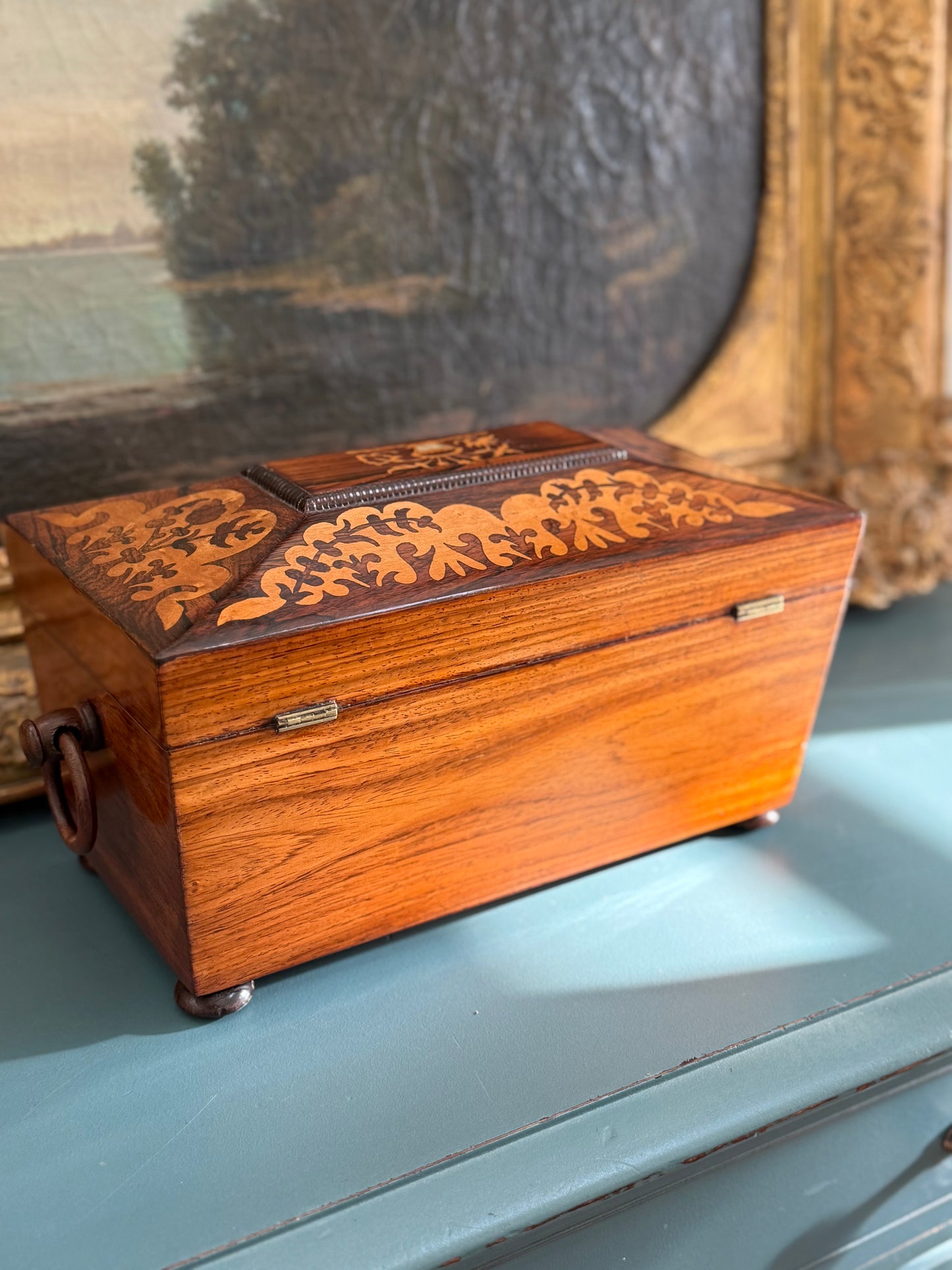 Antique English Tea Caddy with Cut Glass Bowl