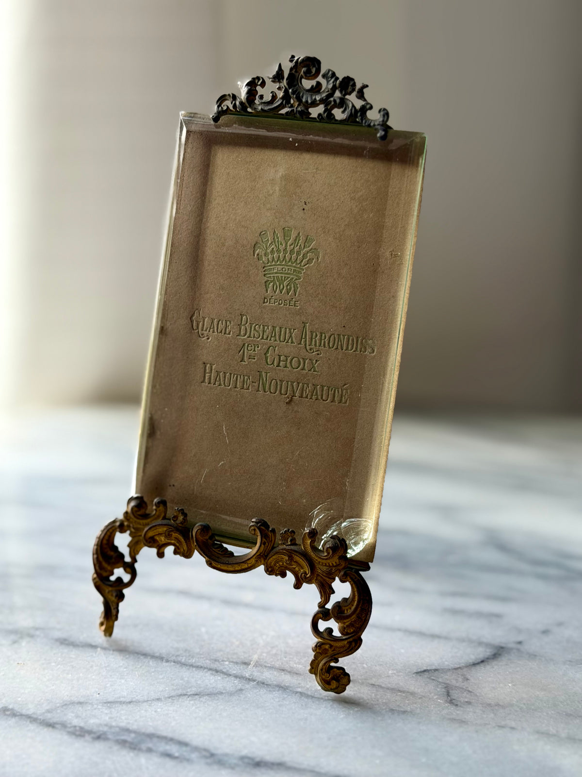Antique French Beveled Glass Easel Frame with Gilt Brass Rococo Crest and Original Card
