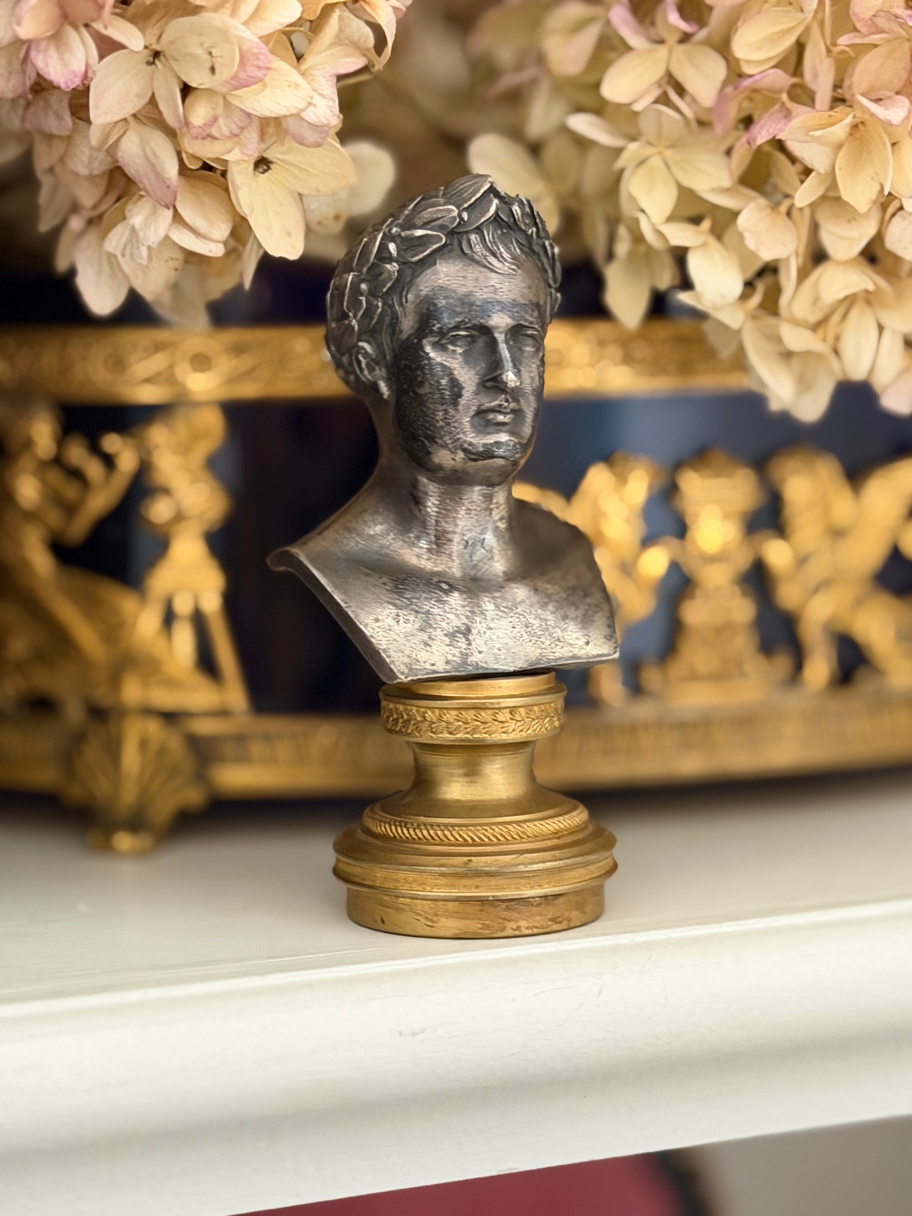 Antique French Silvered Bronze Bust of Napoleon I on Gilt Bronze Pedestal