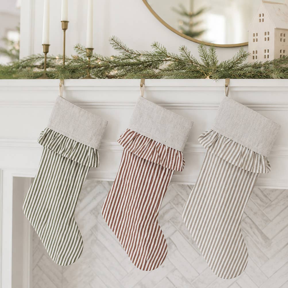 Ticking Stripe Christmas Stocking with Ticking Ruffle: Red