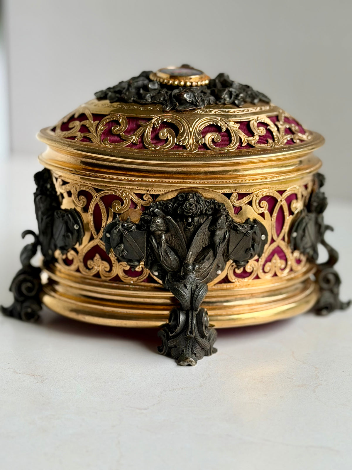 Antique French Tahan Paris Gilt Bronze Casket with Floral Medallion