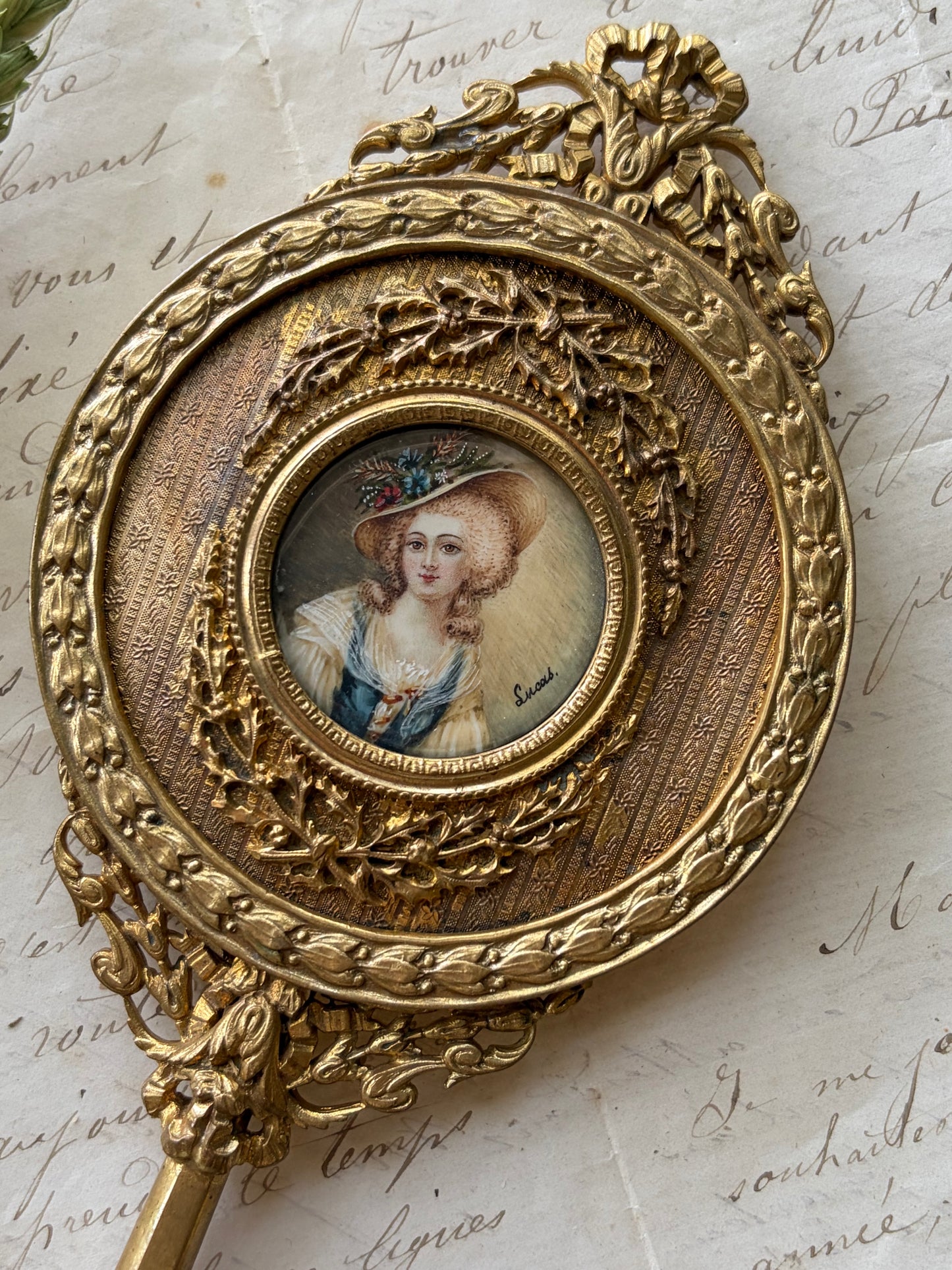 Antique French Hand-Painted Portrait Mirror