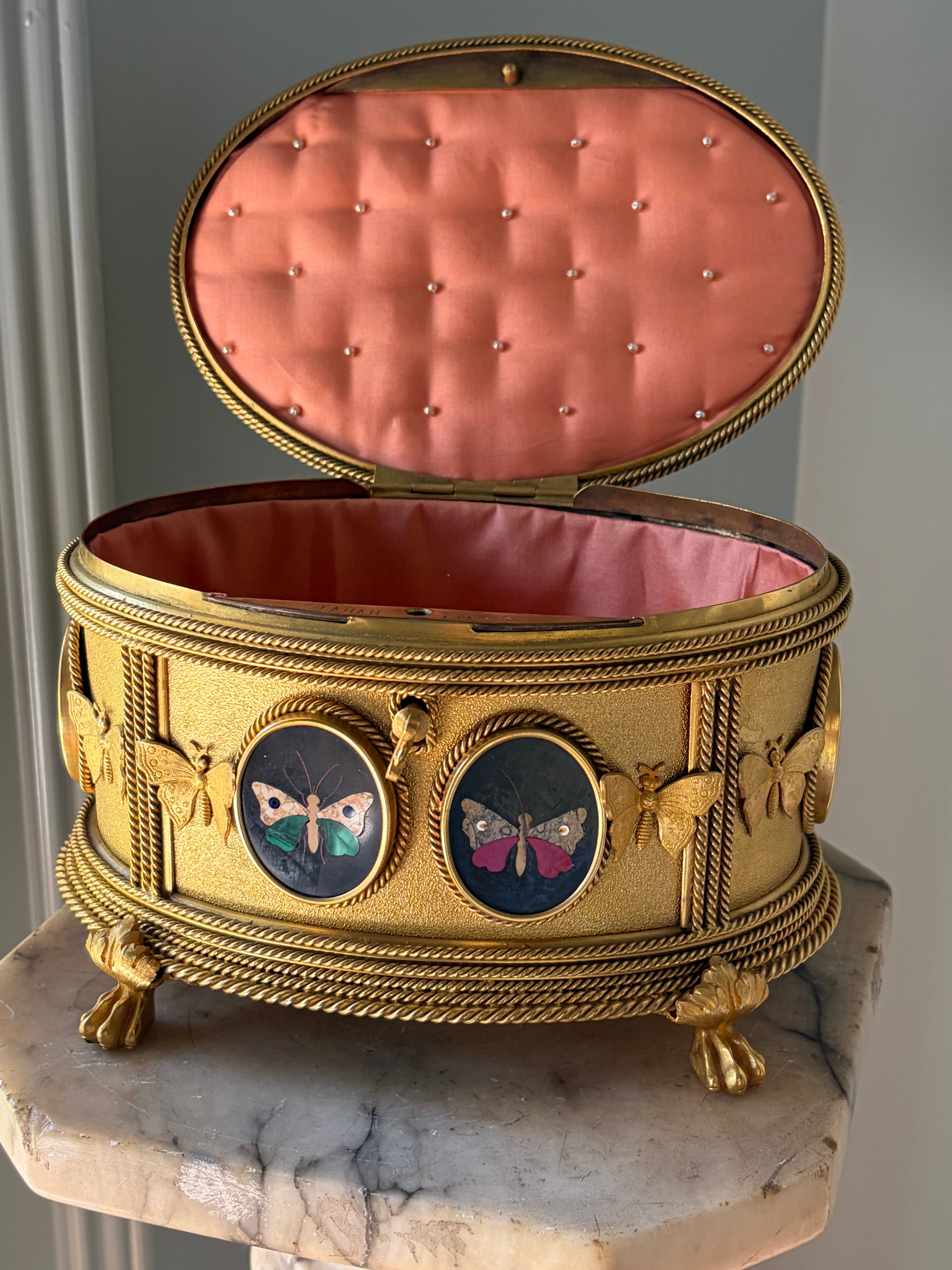 Antique Tahan Paris Pietra Dura & Bronze Jewelry Casket with Working Key