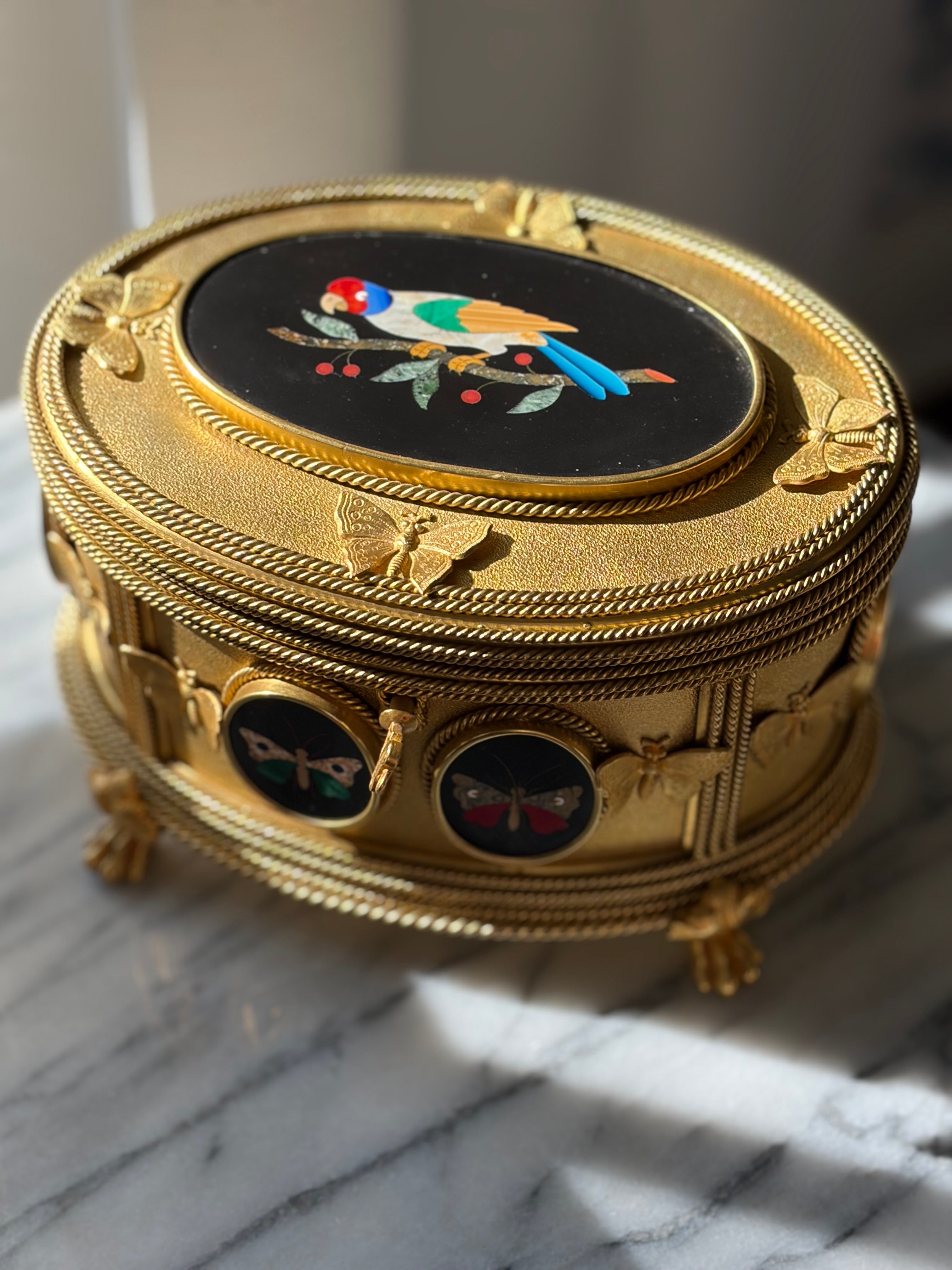 Antique Tahan Paris Pietra Dura & Bronze Jewelry Casket with Working Key
