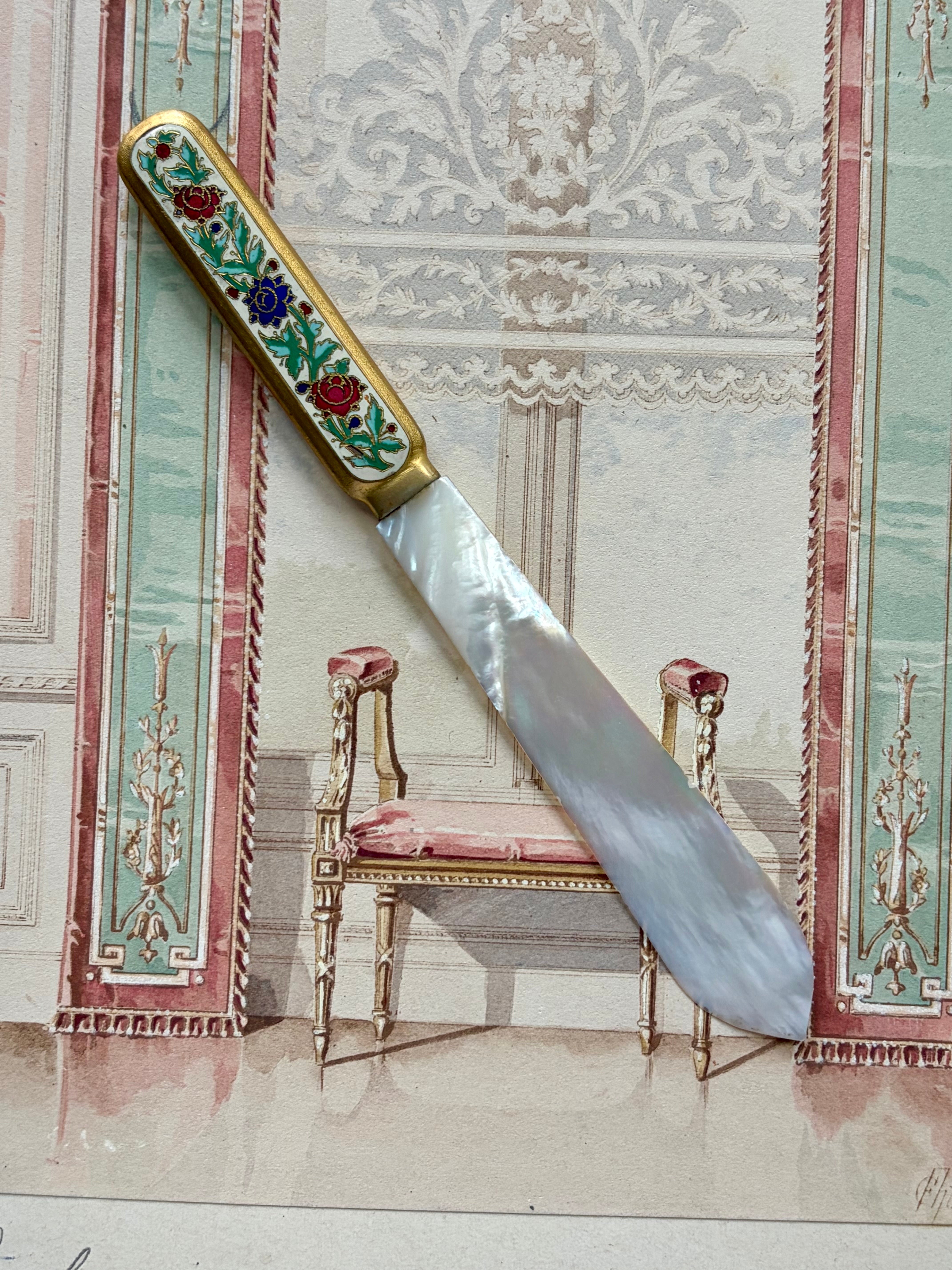 Antique French Champlevé Bronze and Mother-of-Pearl Letter Opener