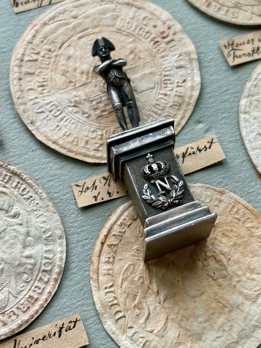 Antique French Napoleonic Wax Seal — Figural Napoleon Statuette, Hidden Eagle Compartment, Imperial “N” Cipher, 19th Century