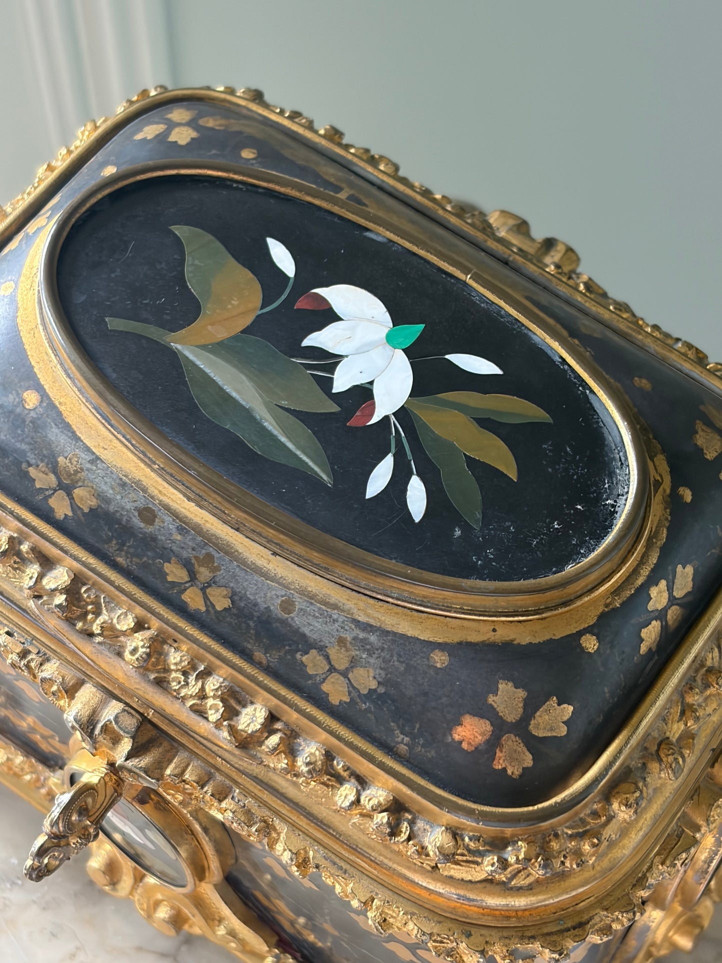 Antique Pietra Dura Box — Black Stone Inlay with Ormolu Mounts, 19th Century