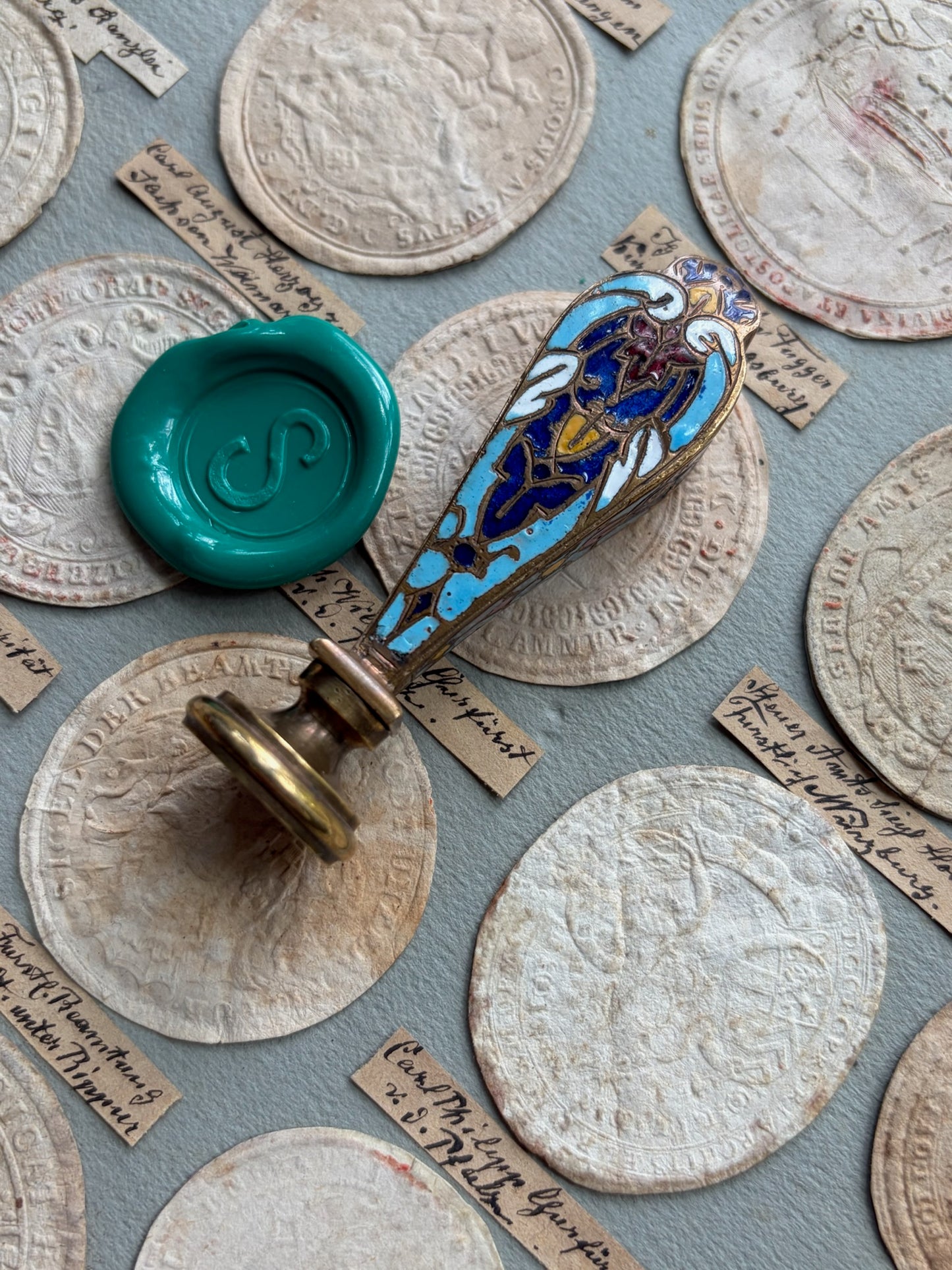 Antique French Champlevé Enamel Wax Seal — Polychrome Bird Motif, Engraved Initial, 19th Century