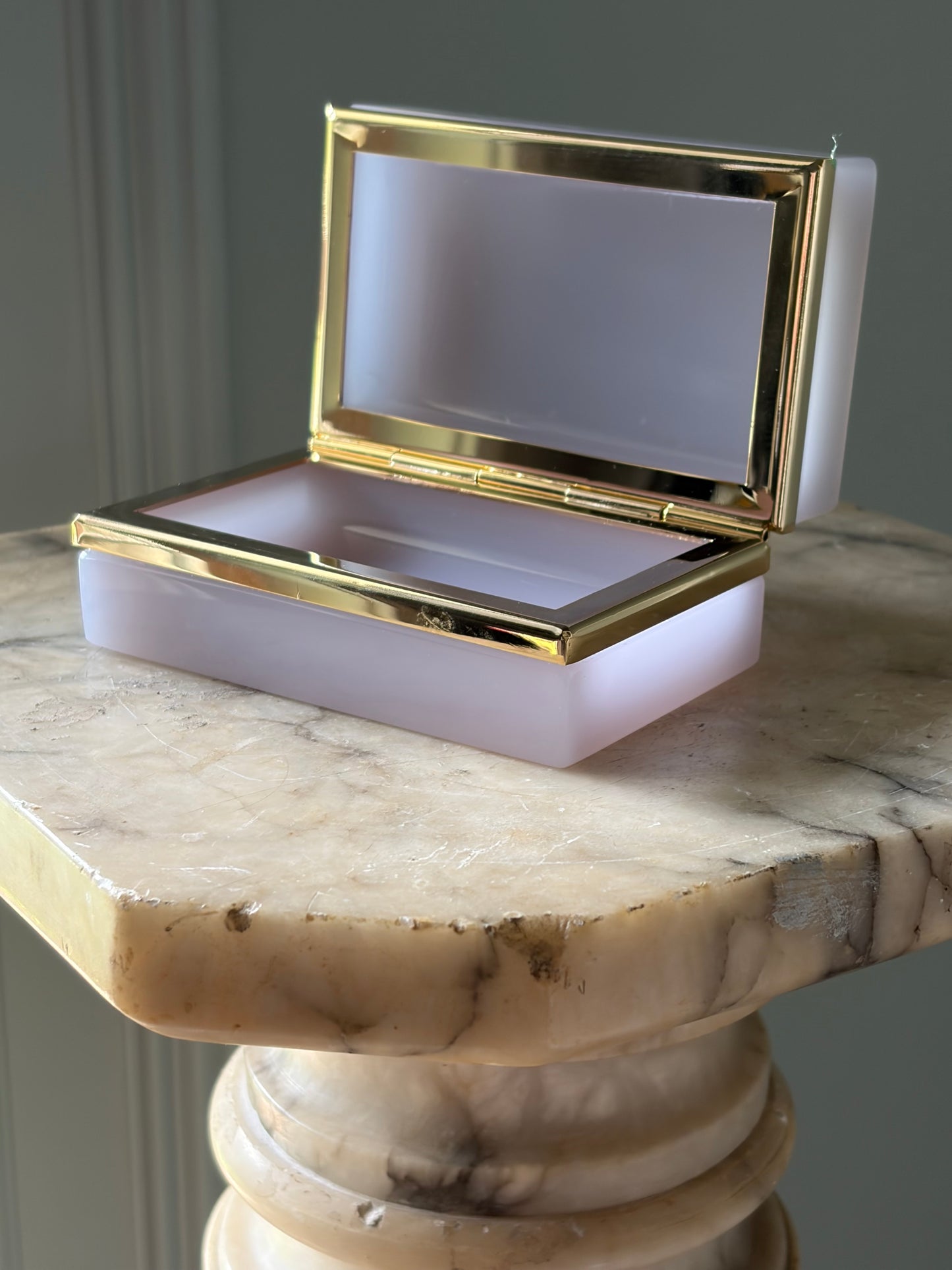 Vintage Alexandrite Opaline Box — Pale Lavender Glass with Gold Brass Mounts