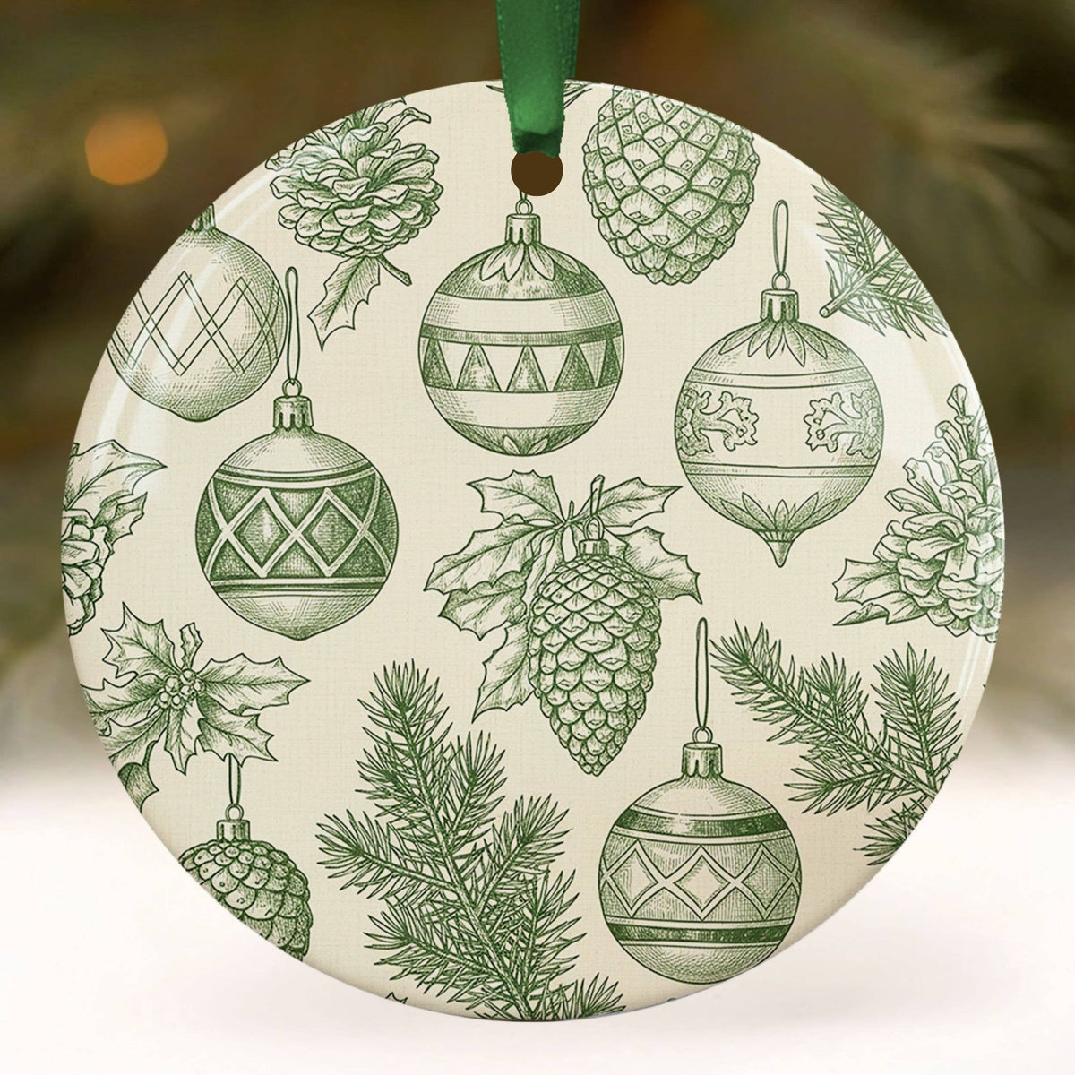 Green Toile Ornament, Botanical Christmas Bauble Decor