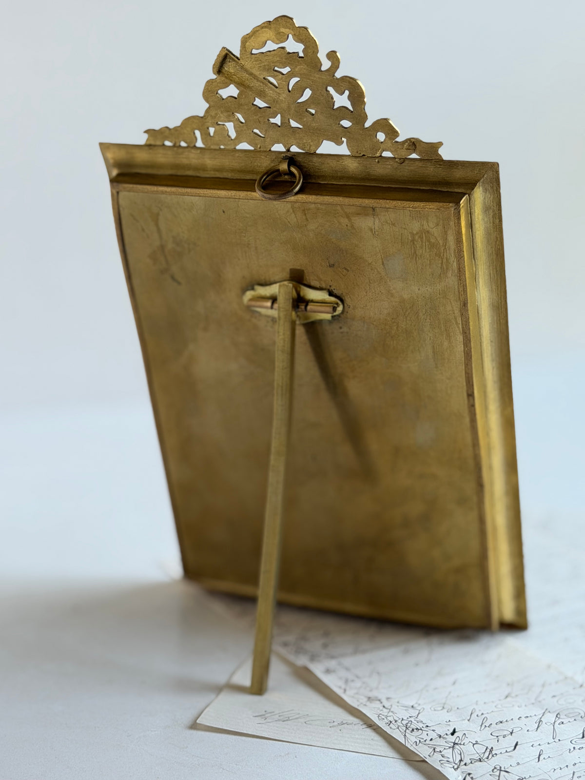 Antique French Bronze Picture Frame with Ribbon & Floral Crest