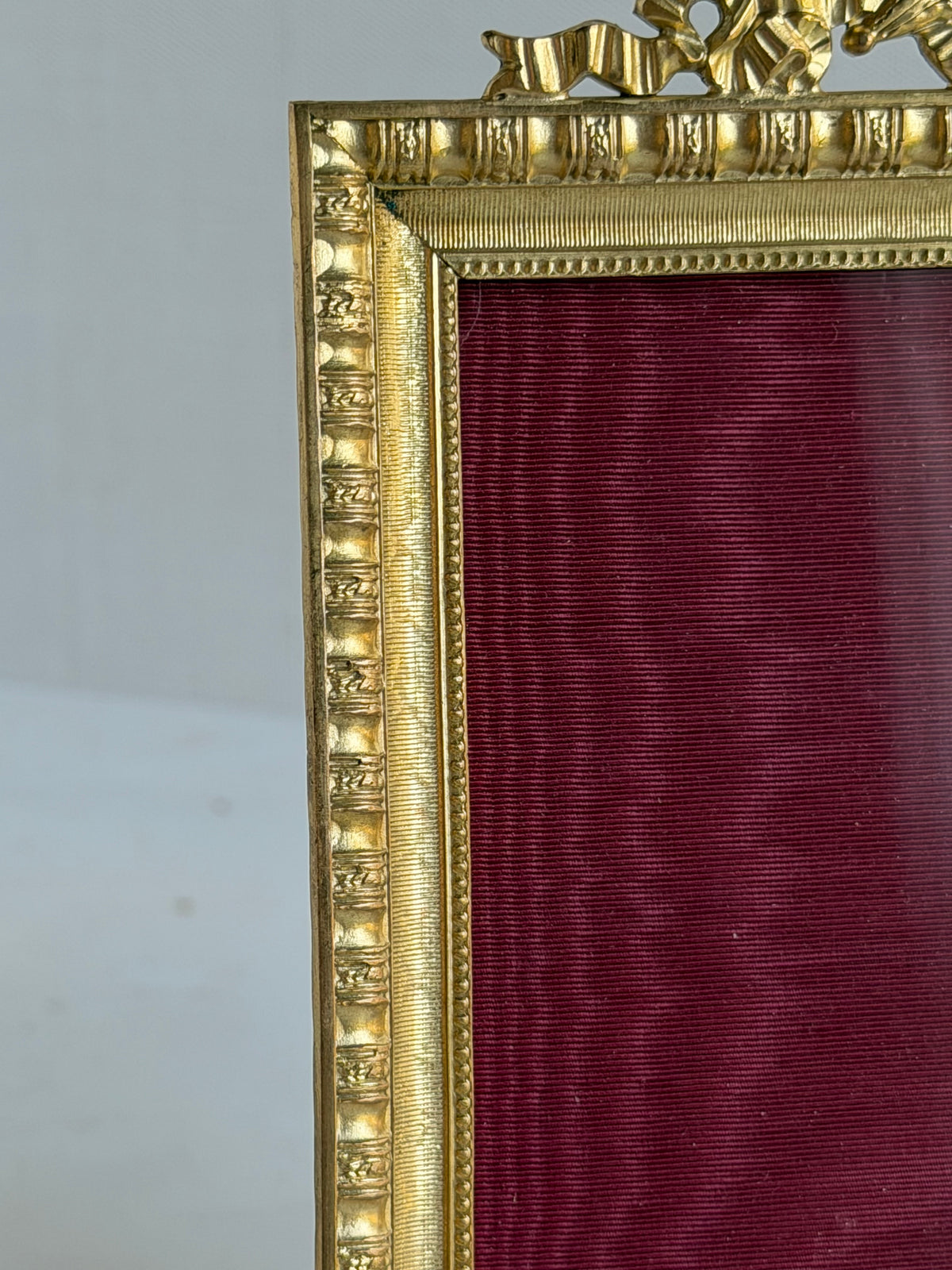 Antique French Bronze Picture Frame with Ribbon & Floral Crest
