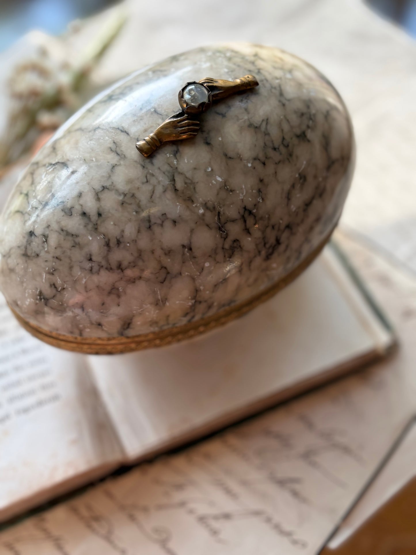 Antique French Alabaster Egg Casket with Gilt Bronze Mounts