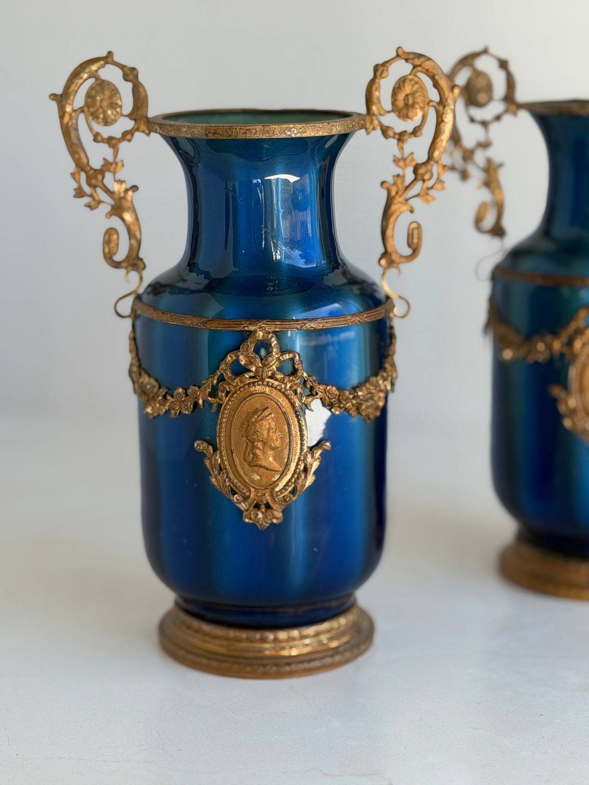 Pair of Antique French Blue Vases with Gilt Metal Mounts and Cameo Medallions