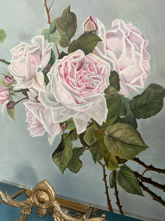 Antique Oil Painting of Roses on Canvas